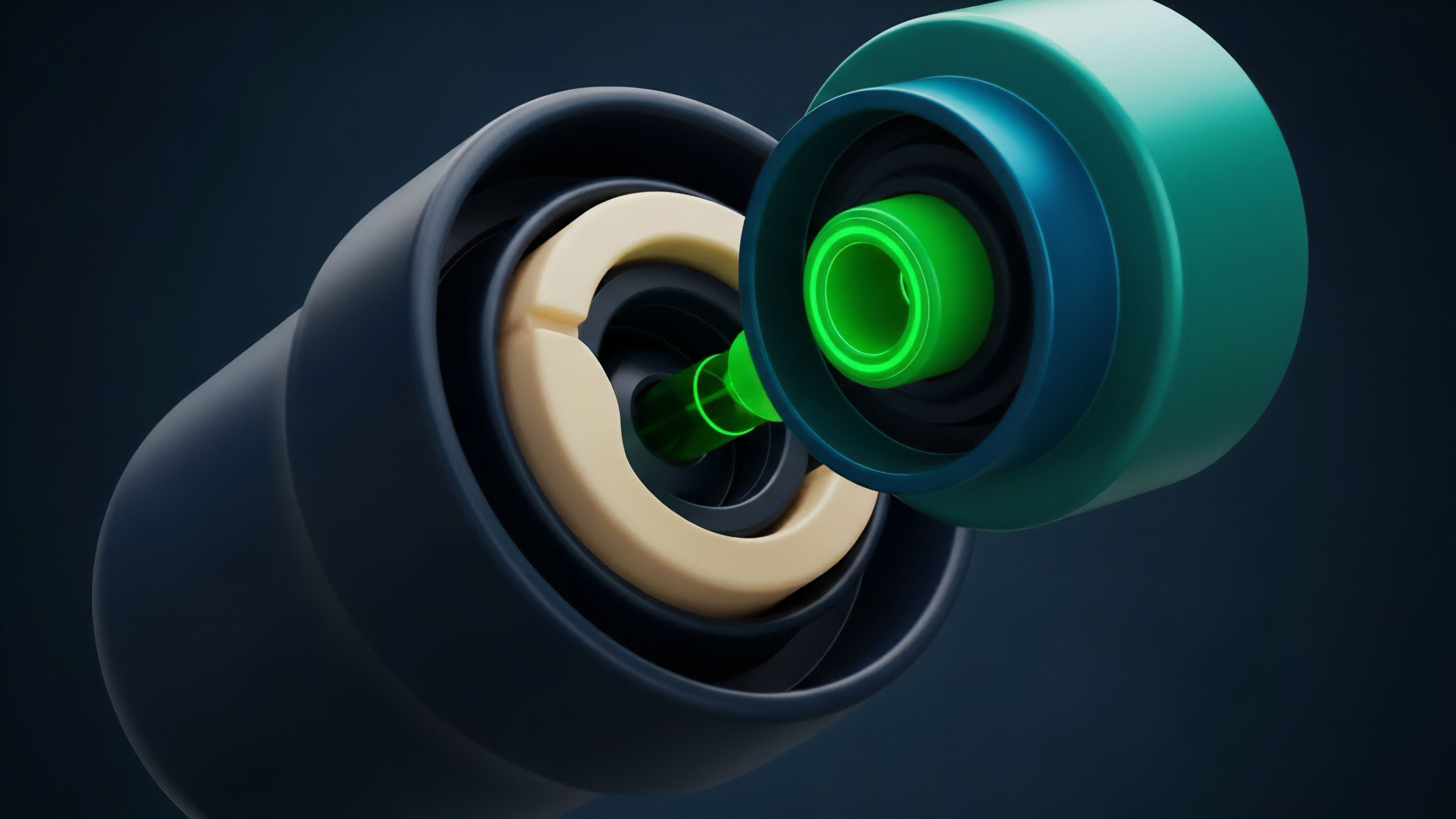 The image displays a cutaway, cross-section view of a complex mechanical or digital structure with multiple layered components. A bright, glowing green core emits light through a central channel, surrounded by concentric rings of beige, dark blue, and teal