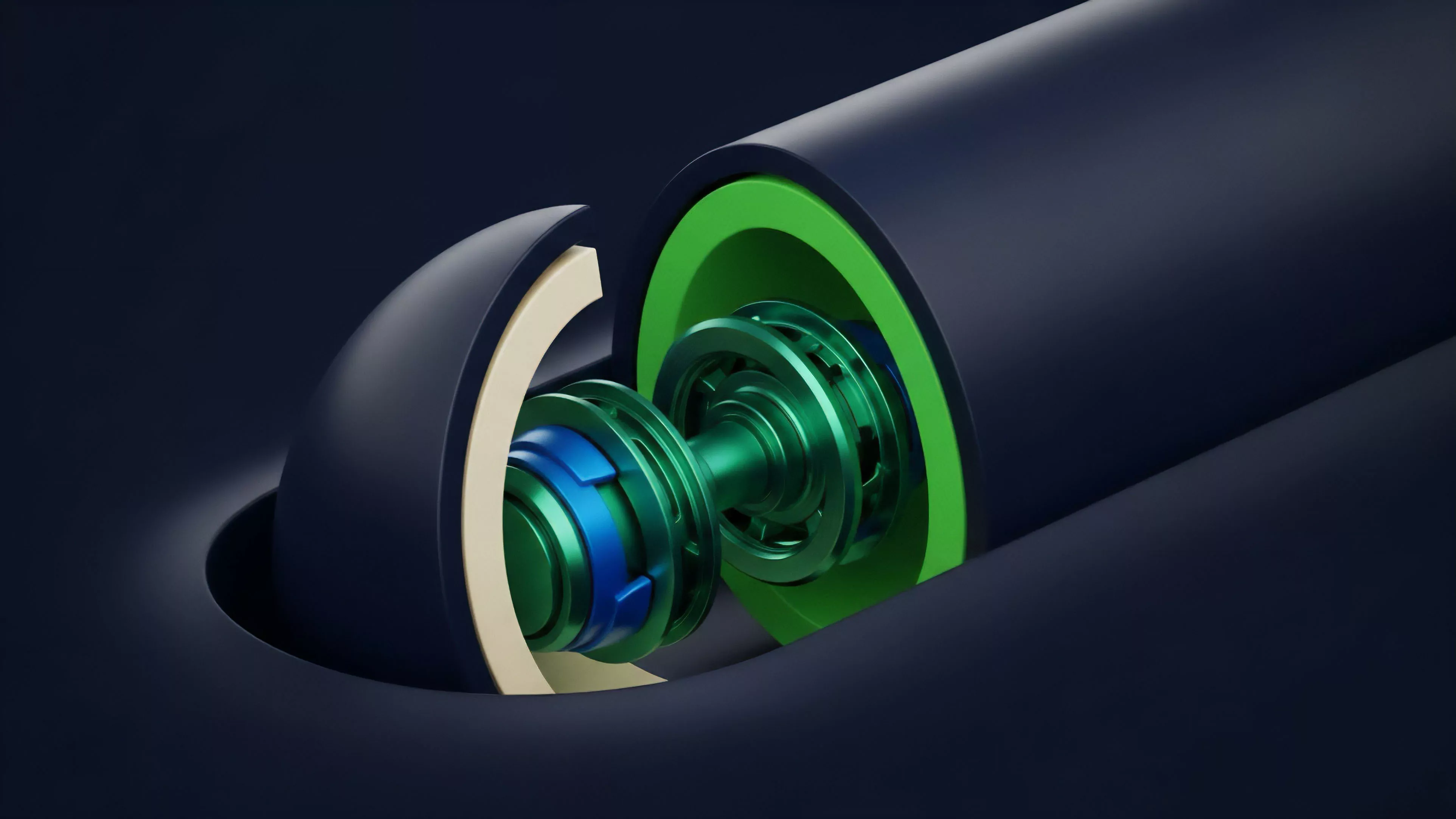A precision cutaway view showcases the complex internal components of a cylindrical mechanism. The dark blue external housing reveals an intricate assembly featuring bright green and blue sub-components