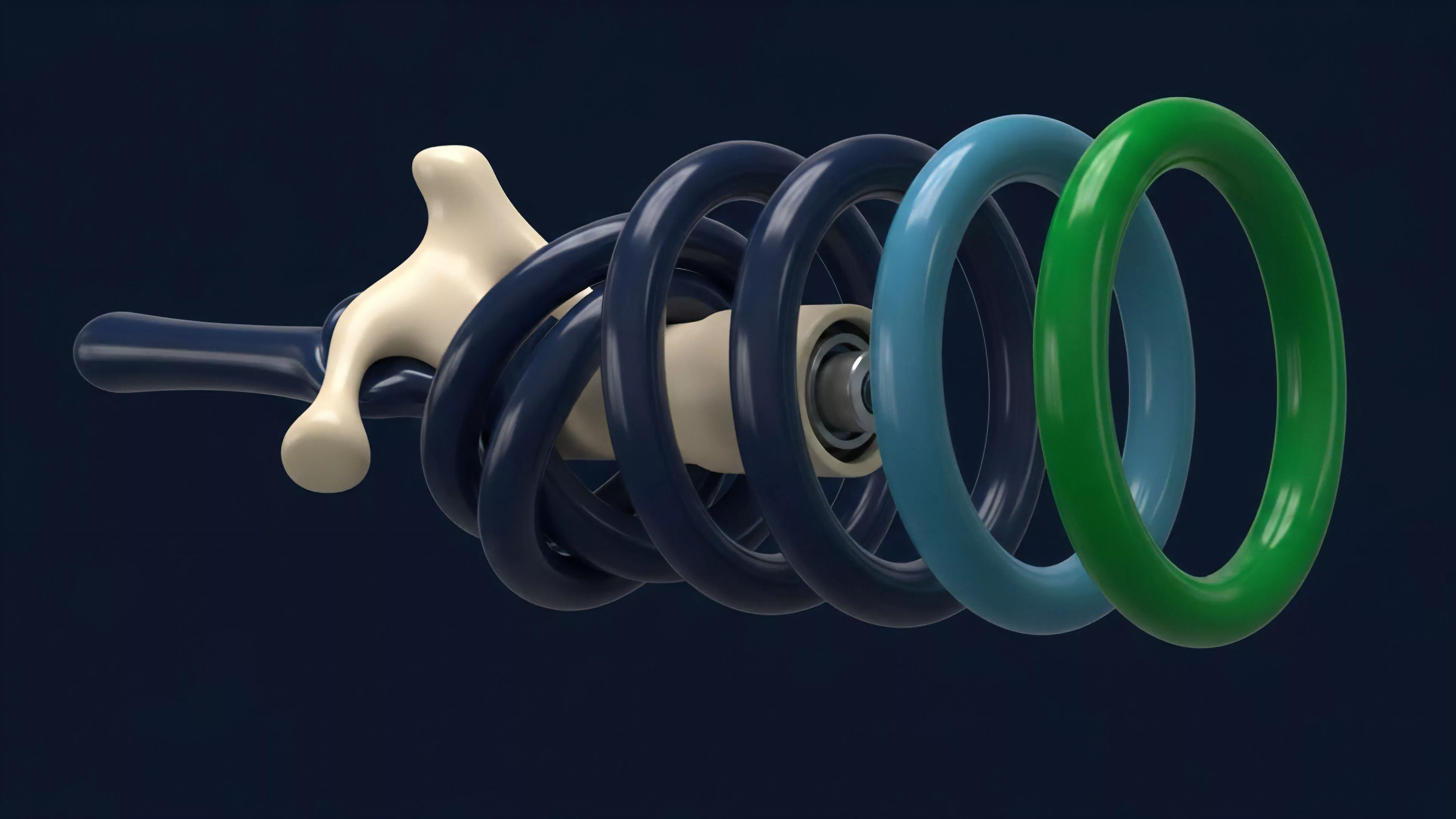 A 3D render displays a dark blue spring structure winding around a core shaft, with a white, fluid-like anchoring component at one end. The opposite end features three distinct rings in dark blue, light blue, and green, representing different layers or components of a system