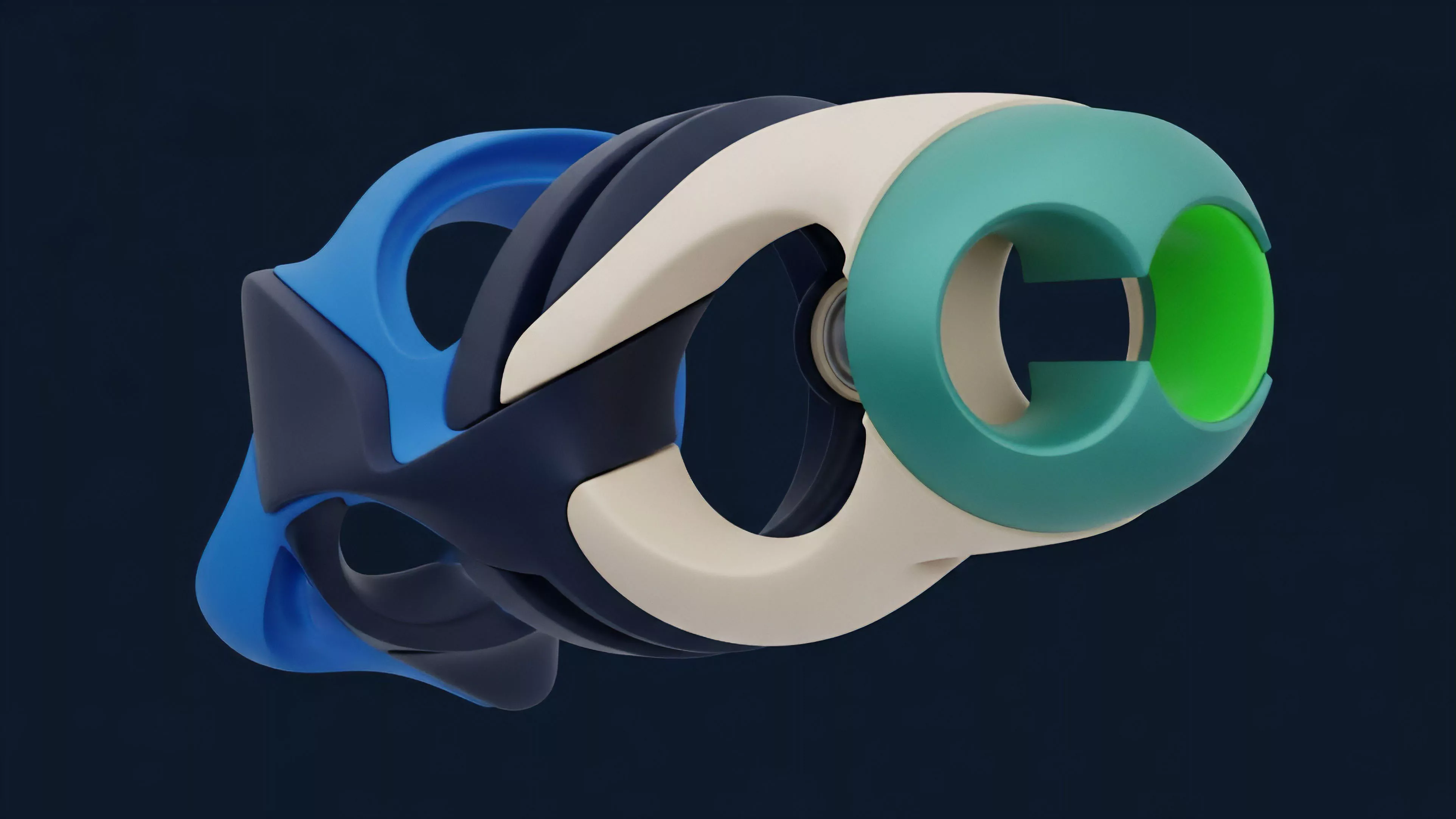 A detailed abstract digital sculpture displays a complex, layered object against a dark background. The structure features interlocking components in various colors, including bright blue, dark navy, cream, and vibrant green, suggesting a sophisticated mechanism