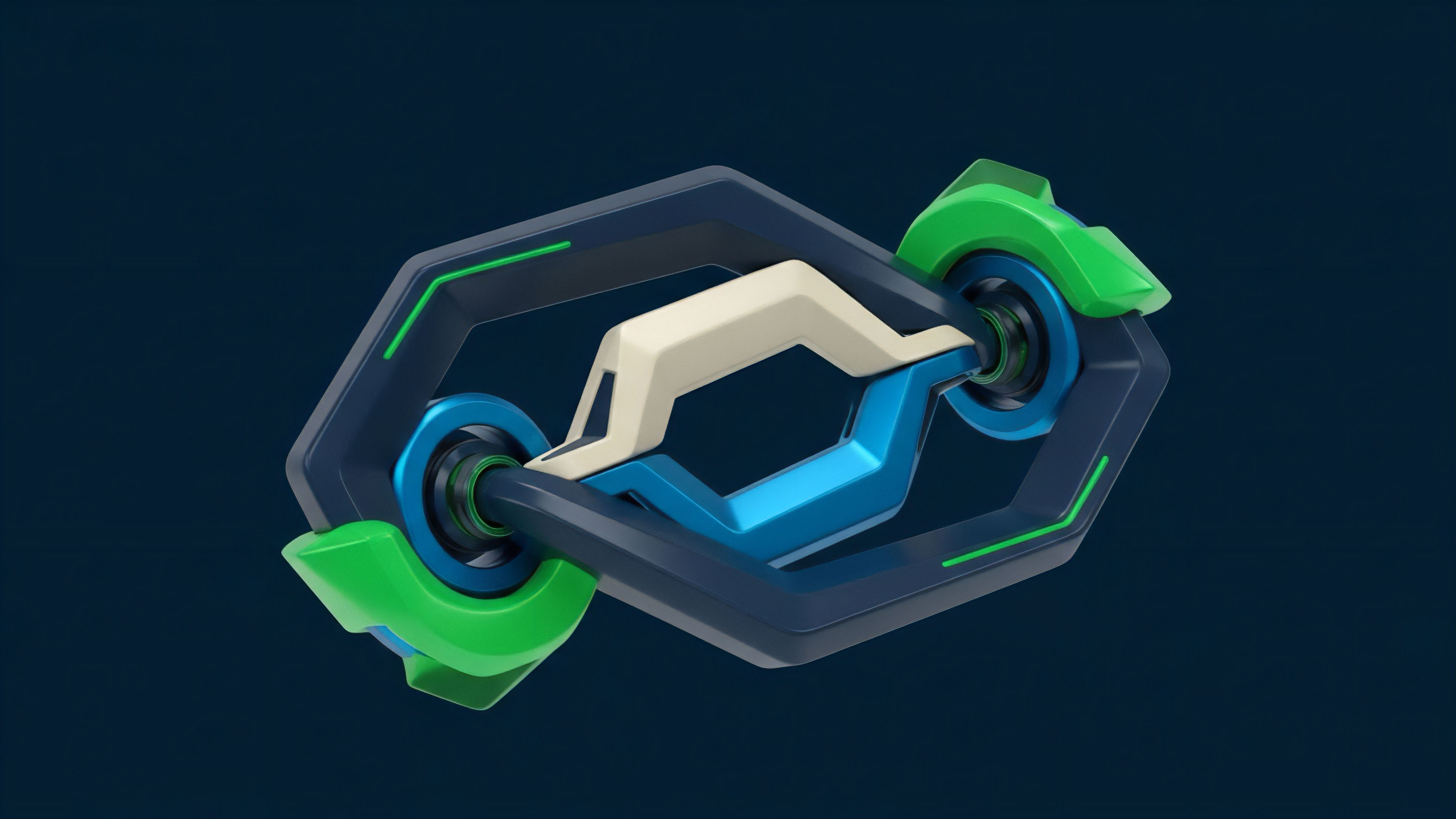 A dark blue hexagonal frame contains a central off-white component interlocking with bright green and light blue elements. This structure symbolizes the complex smart contract architecture required for decentralized options protocols. It visually represents the options collateralization process where synthetic assets are created against risk-adjusted returns. The interconnected parts illustrate the liquidity provision mechanism and the risk mitigation strategy implemented via an automated market maker and smart contracts for yield generation in a DeFi ecosystem.