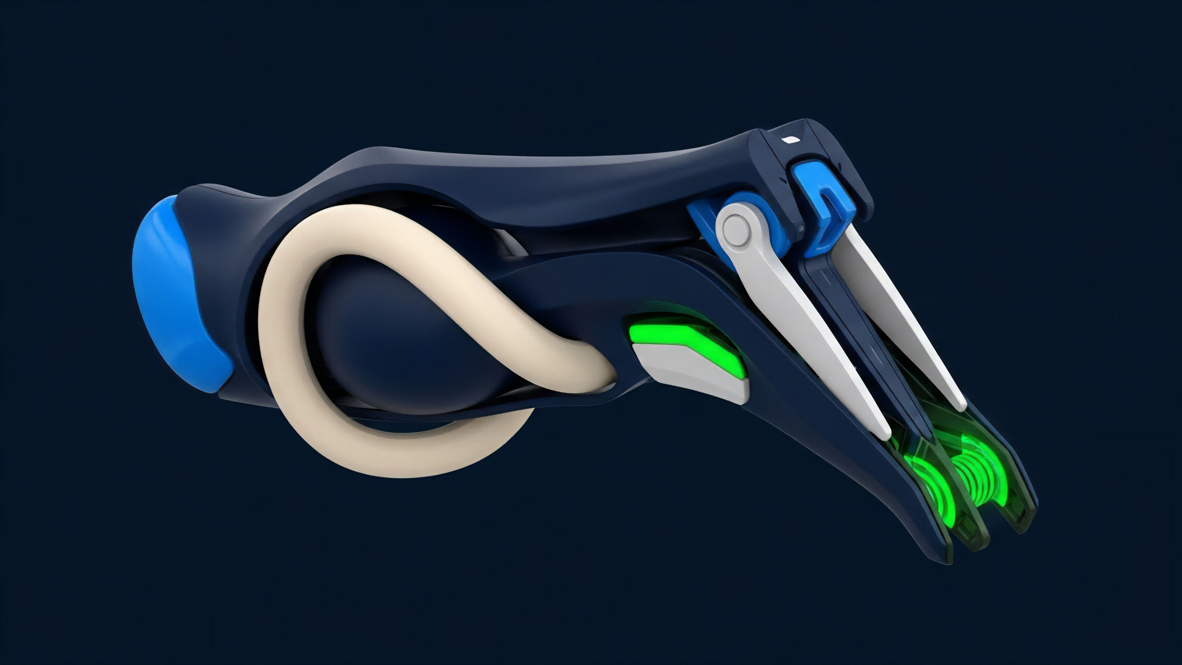 A conceptual rendering depicting a sophisticated decentralized finance DeFi mechanism. The intricate design symbolizes a complex structured product, specifically a multi-legged options strategy or an automated market maker AMM protocol. The flow of the beige component represents collateralization streams and liquidity pools, while the dynamic white elements reflect algorithmic execution of perpetual futures. The glowing green elements at the tip signify successful settlement and yield generation, highlighting advanced risk management within the smart contract architecture. The overall form suggests precision required for high-frequency trading arbitrage.