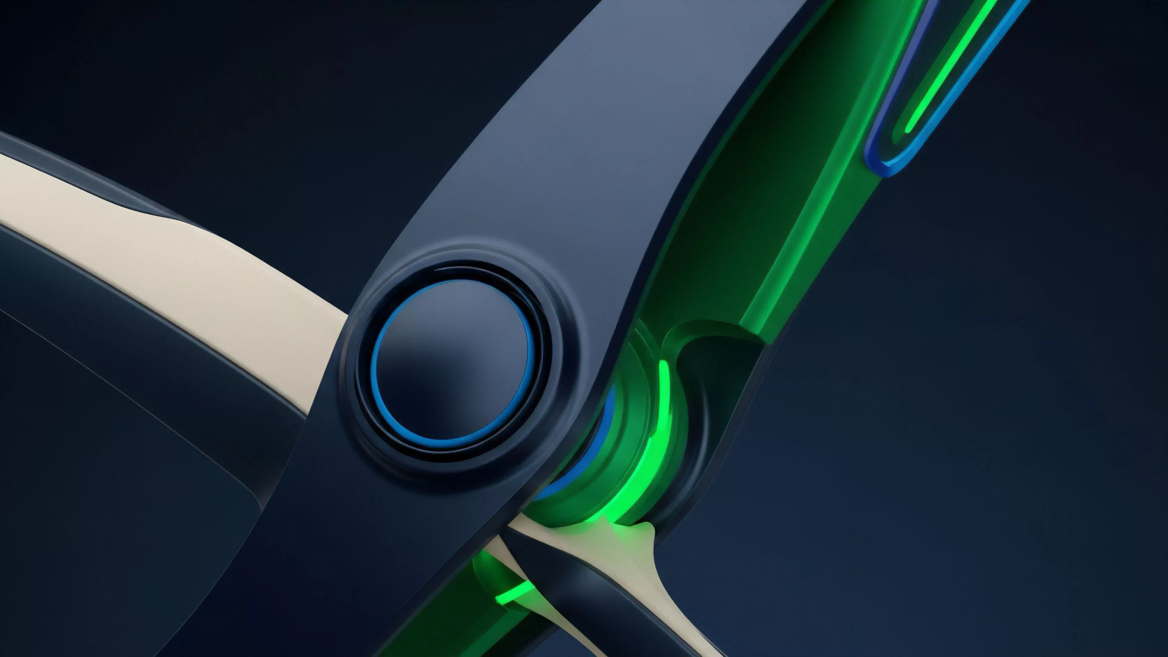 A high-resolution, close-up abstract image illustrates a high-tech mechanical joint connecting two large components. The upper component is a deep blue color, while the lower component, connecting via a pivot, is an off-white shade, revealing a glowing internal mechanism in green and blue hues