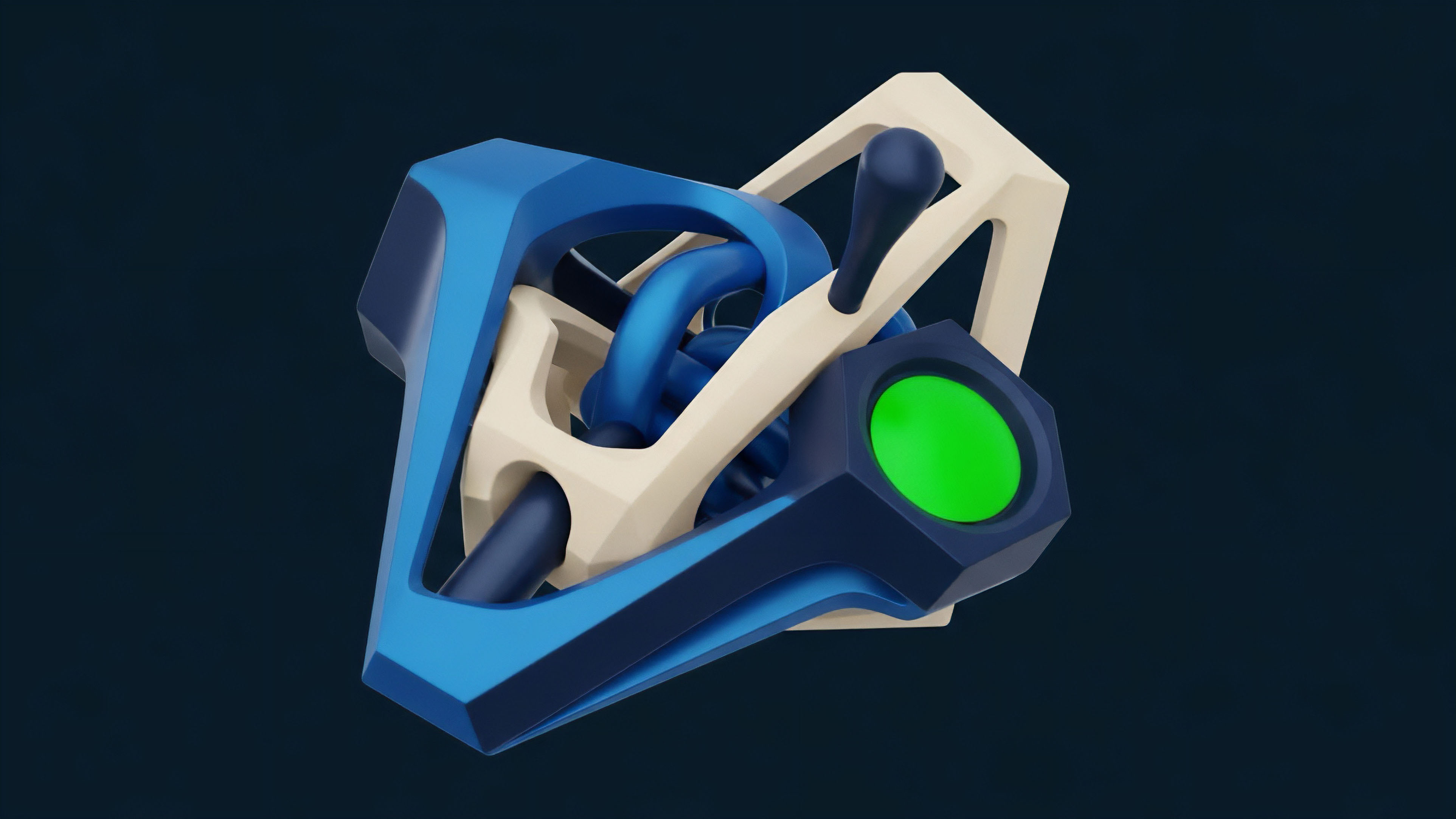 A stylized 3D rendered object features an intricate framework of light blue and beige components, encapsulating looping blue tubes, with a distinct bright green circle embedded on one side, presented against a dark blue background. This intricate apparatus serves as a conceptual model for a decentralized options protocol