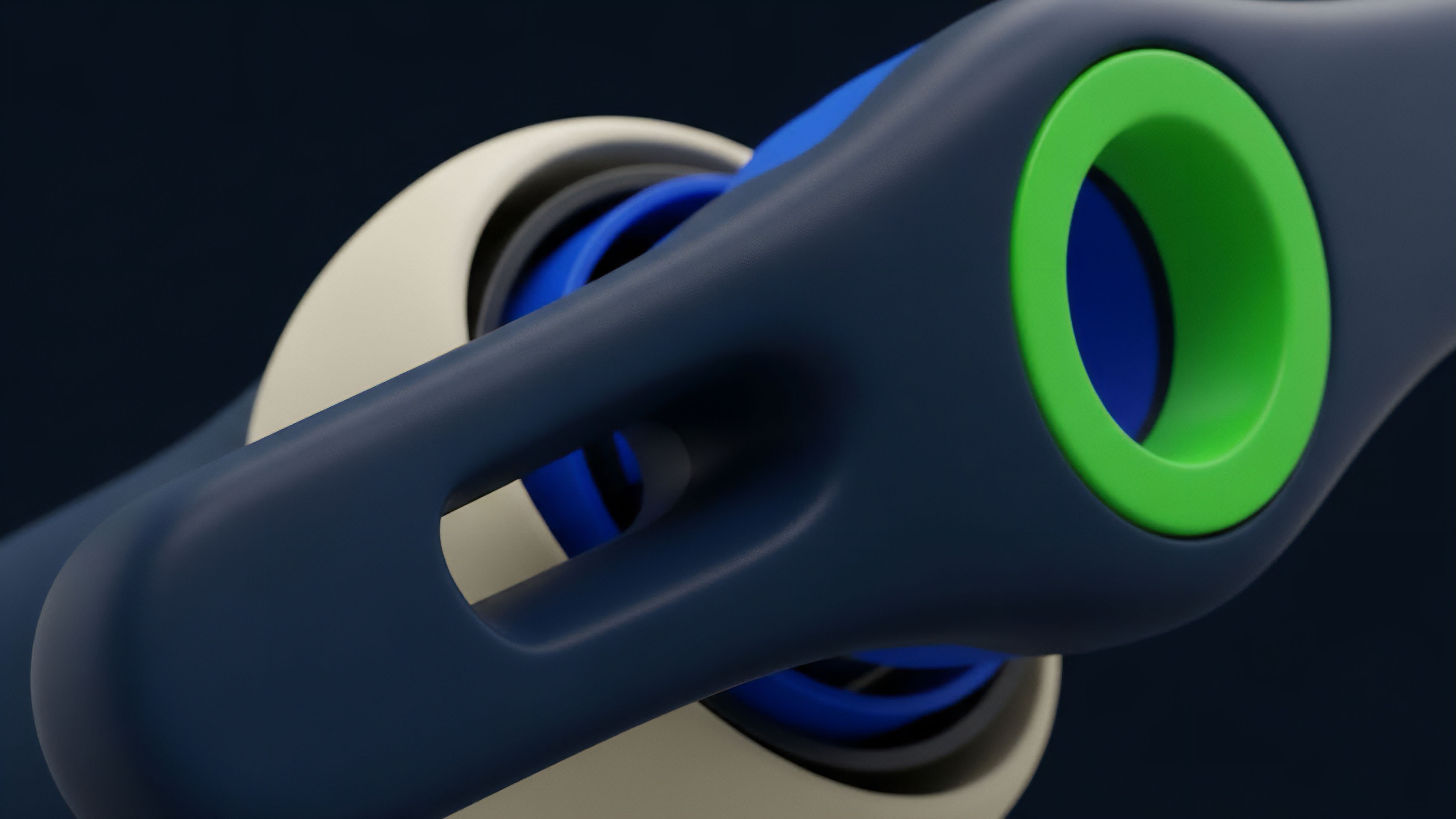 A macro close-up depicts a smooth, dark blue mechanical structure. The form features rounded edges and a circular cutout with a bright green rim, revealing internal components including layered blue rings and a light cream-colored element