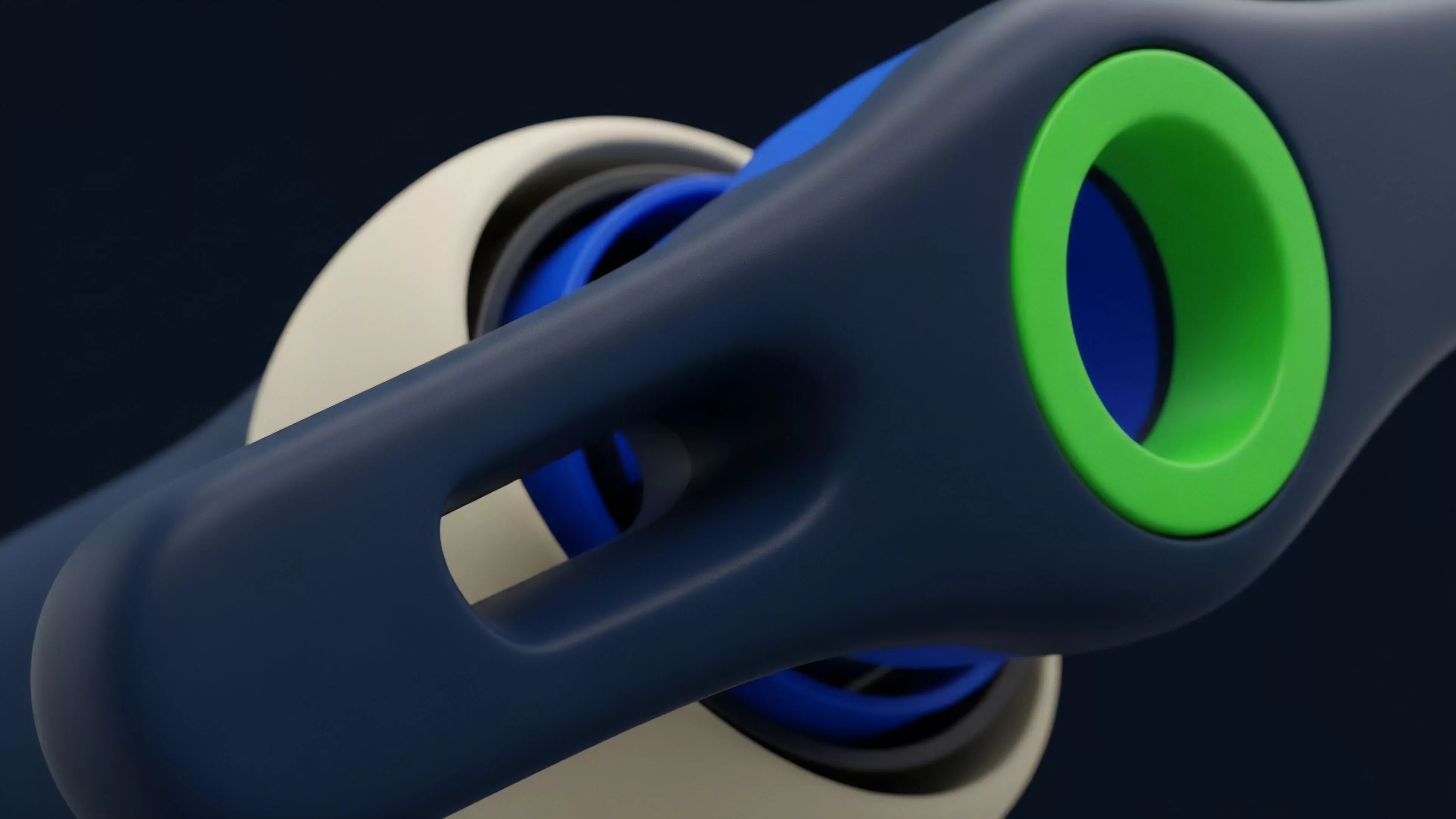 A macro close-up depicts a smooth, dark blue mechanical structure. The form features rounded edges and a circular cutout with a bright green rim, revealing internal components including layered blue rings and a light cream-colored element