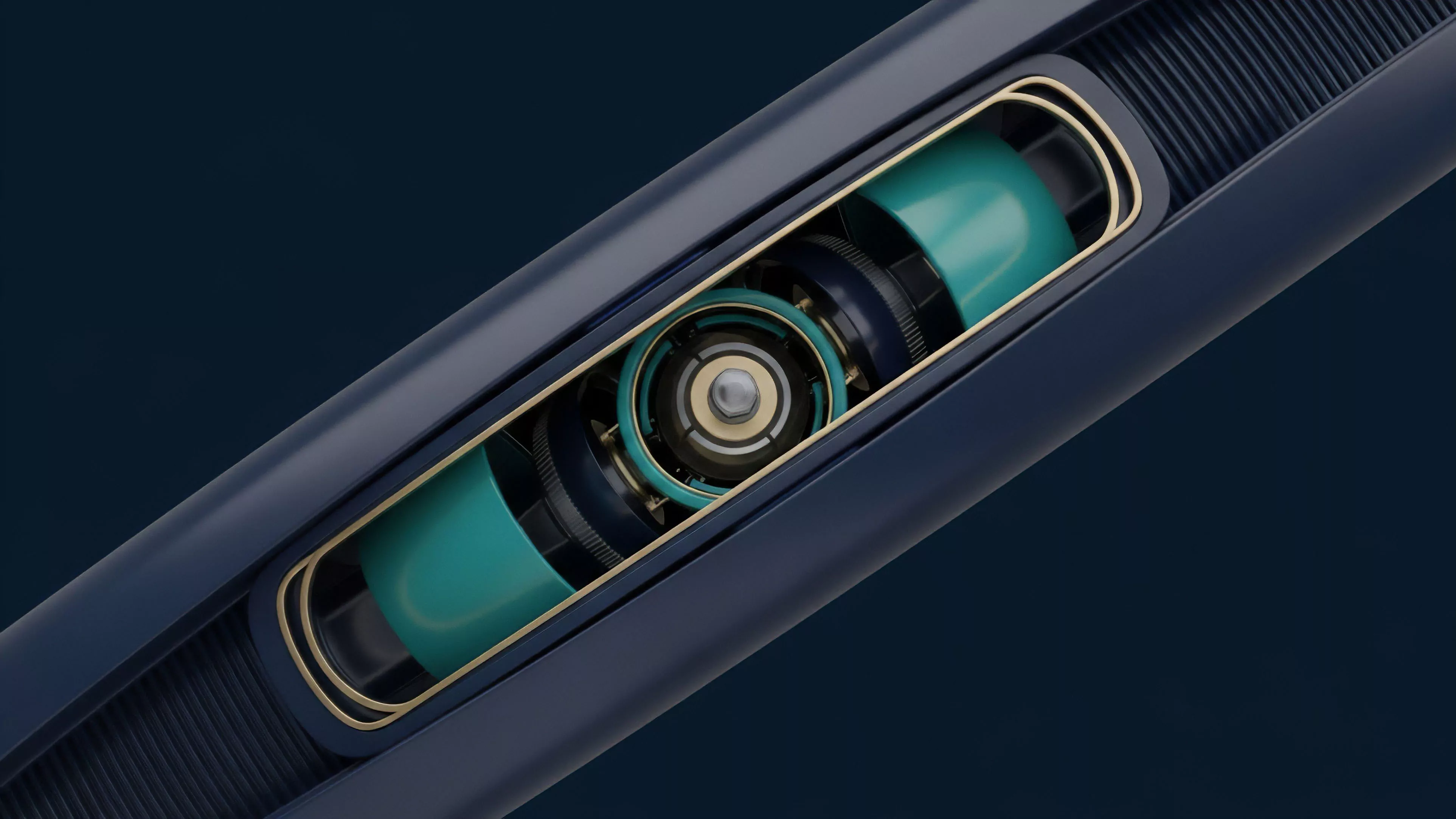 A detailed cross-section of a high-tech mechanism with teal and dark blue components.
