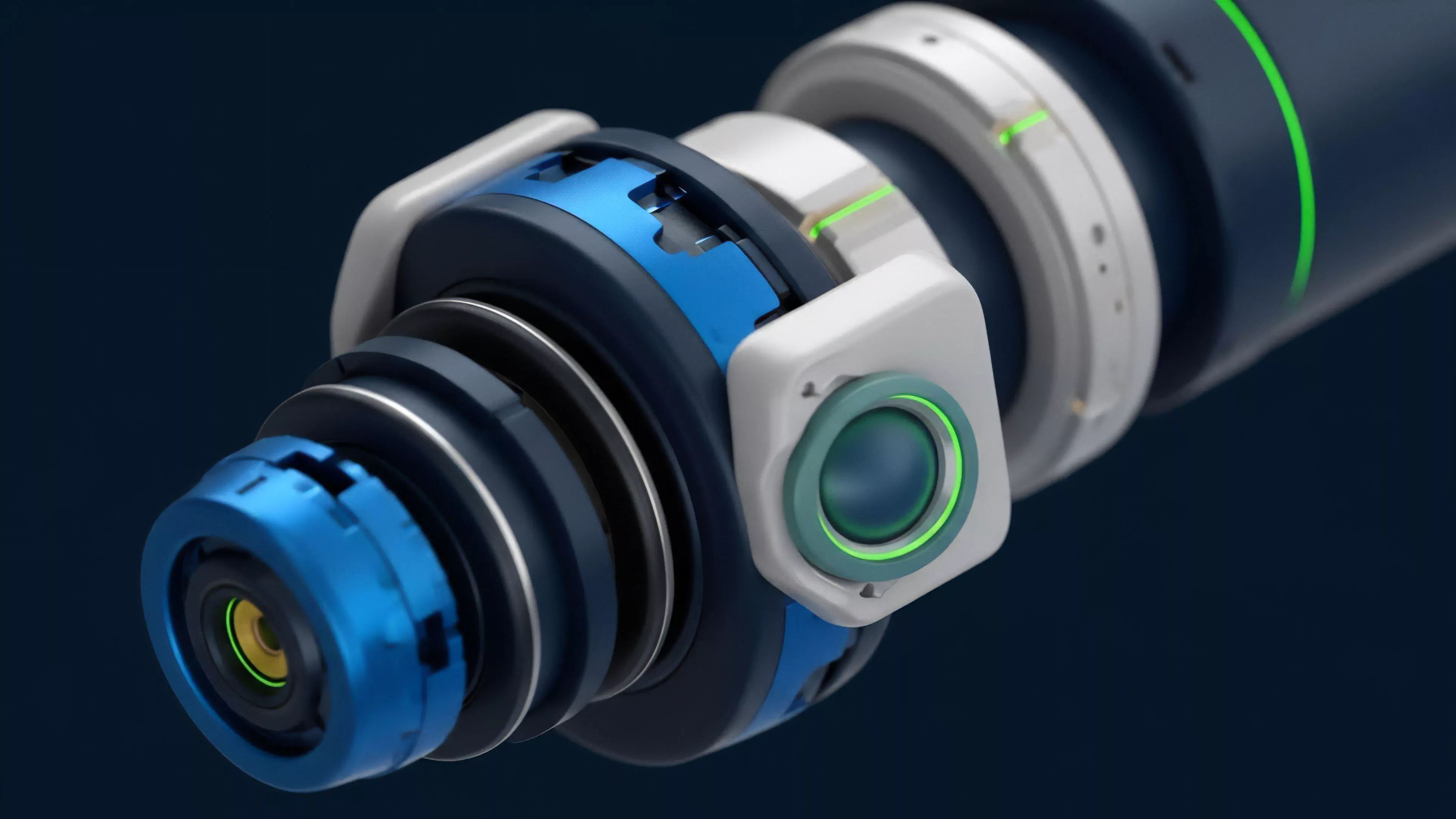 A high-resolution image captures a complex mechanical object featuring interlocking blue and white components, resembling a sophisticated sensor or camera lens. The device includes a small, detailed lens element with a green ring light and a larger central body with a glowing green line