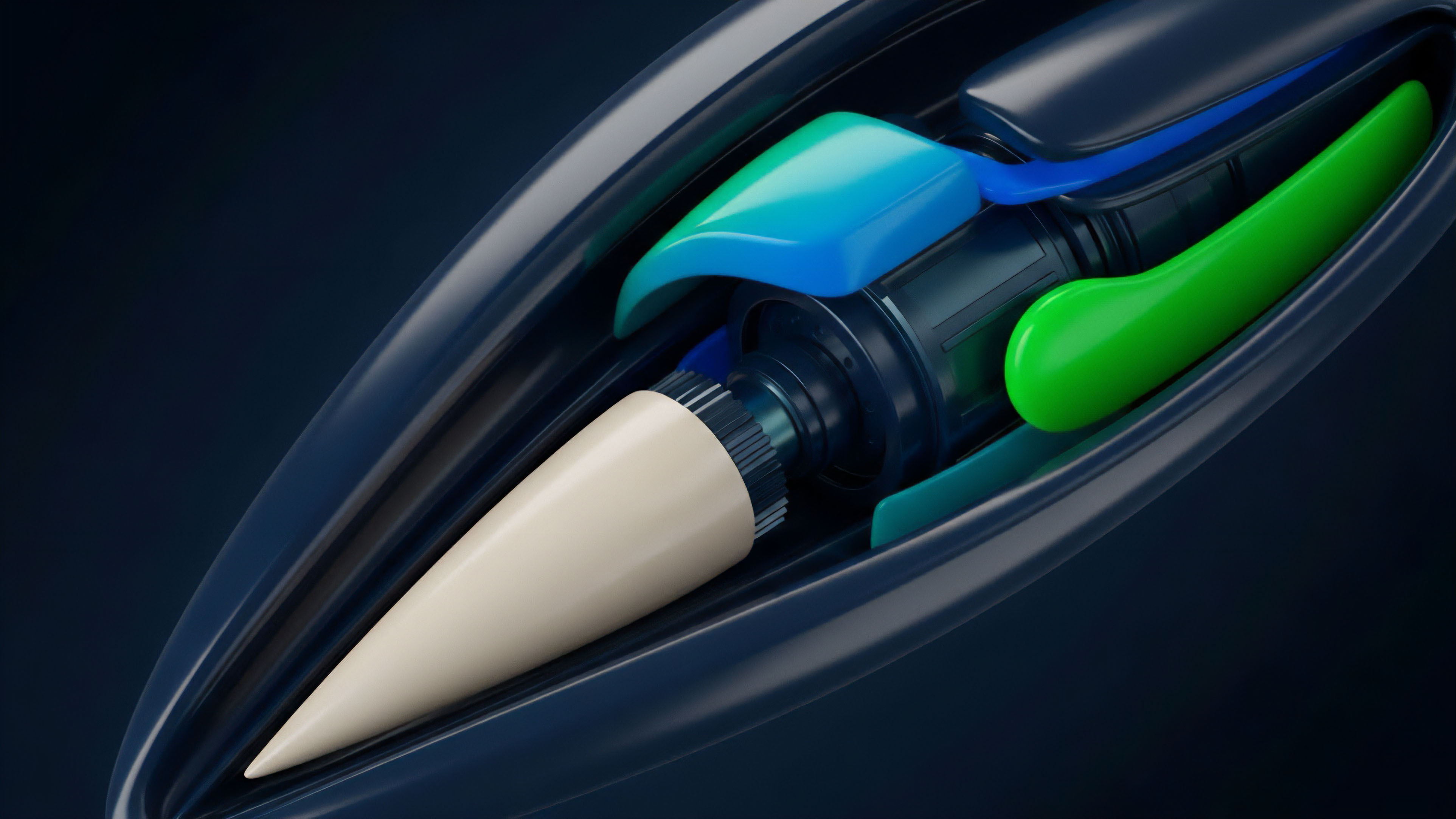 The image displays a close-up view of a high-tech mechanism with a white precision tip and internal components featuring bright blue and green accents within a dark blue casing. This sophisticated internal structure symbolizes a decentralized derivatives protocol