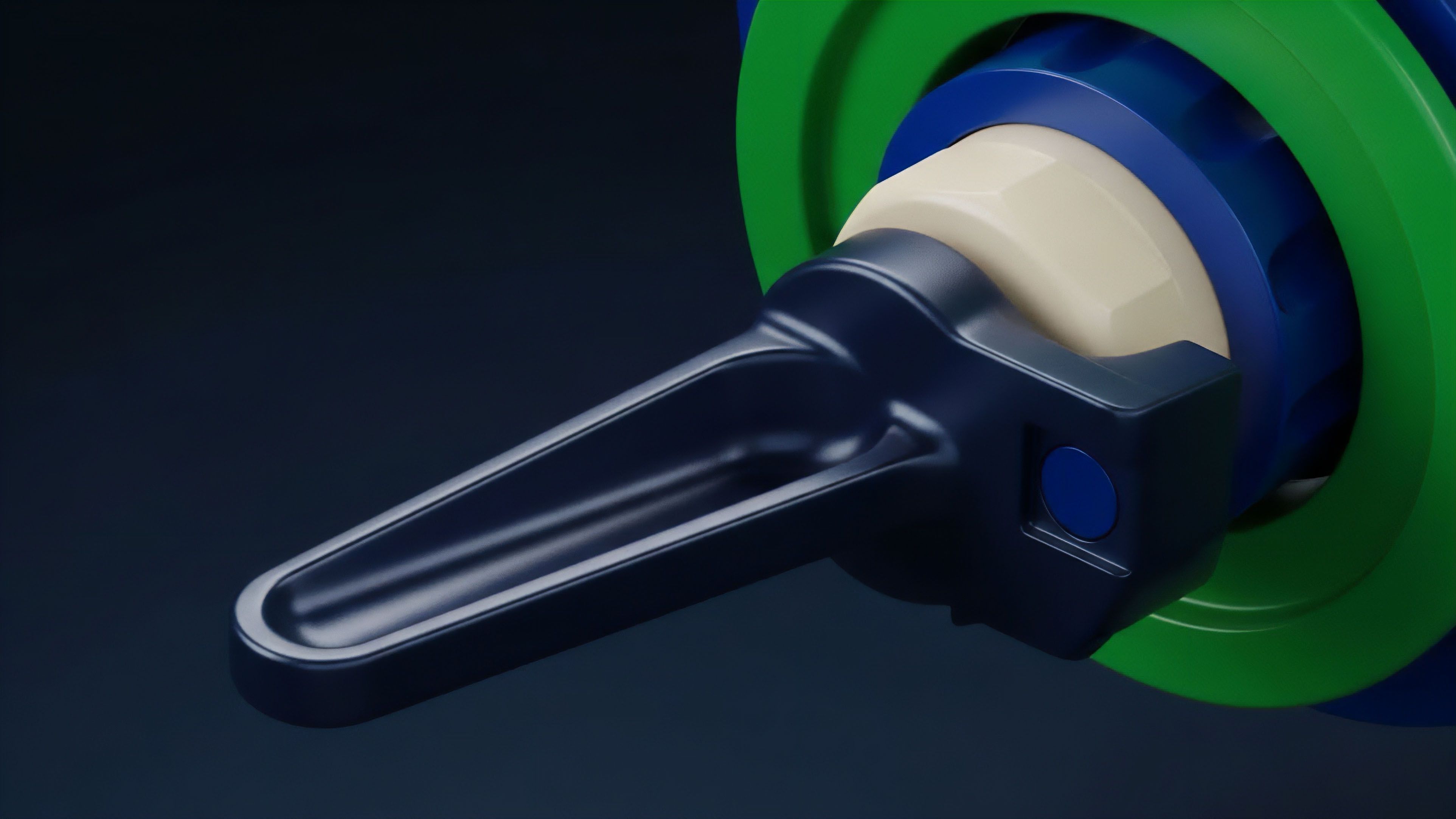 A dark blue lever represents the activation interface for a complex financial derivative within a decentralized autonomous organization DAO. The multi-layered assembly, consisting of a beige core and vibrant green and blue rings, symbolizes the structured nature of exotic options and collateralization requirements in DeFi protocols. This mechanism illustrates the execution of a smart contract governing a perpetual swap, where the precise positioning of the lever dictates adjustments to parameters like implied volatility and delta hedging strategies, highlighting the controlled risk management inherent in complex financial engineering.