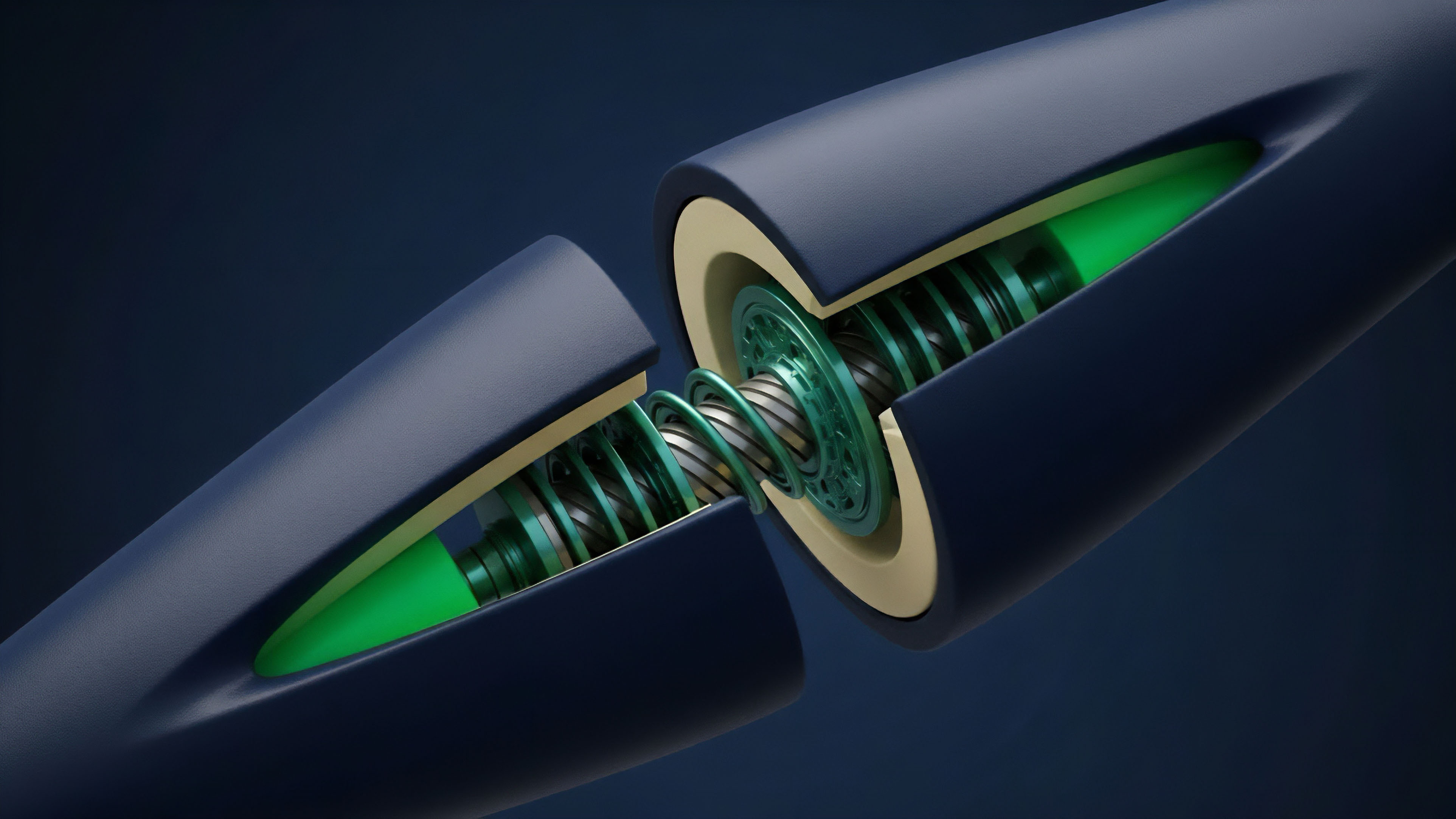 A detailed cross-section illustrates the internal mechanics of a high-precision connector, symbolizing a decentralized protocol's core architecture. The separating components expose a central spring mechanism, which metaphorically represents the elasticity of liquidity provision in automated market makers and the dynamic nature of collateralization ratios. This high-tech assembly visually abstracts the process of smart contract execution and cross-chain interoperability, specifically the precise mechanism for conducting atomic swaps and ensuring secure token bridging across Layer 1 protocols. The internal green structures suggest robust security and data integrity.