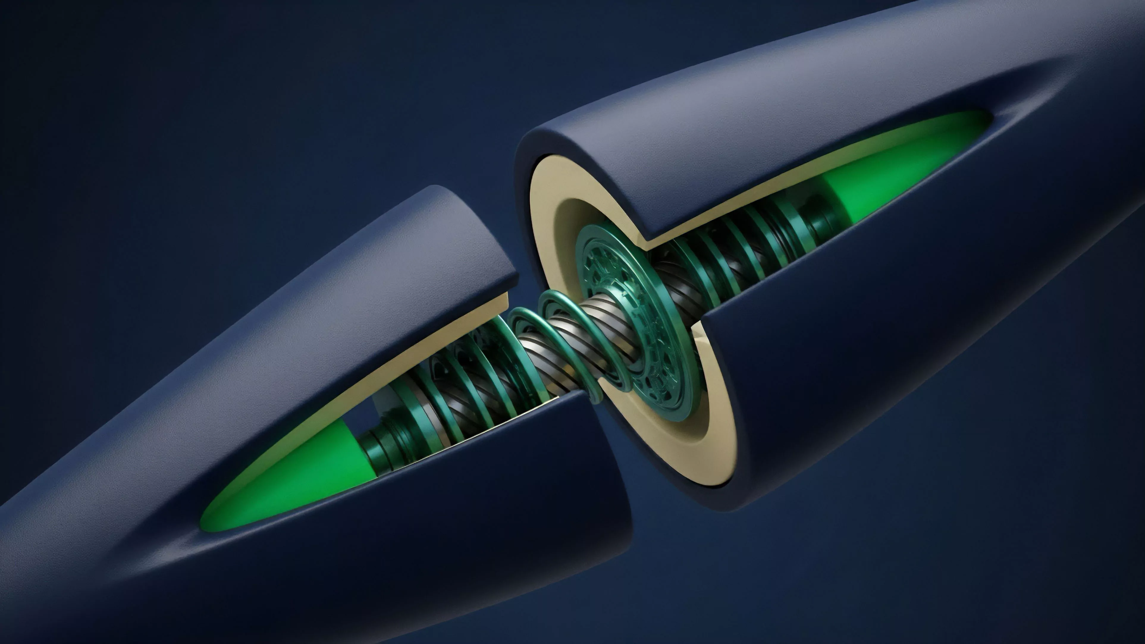 A detailed cross-section illustrates the internal mechanics of a high-precision connector, symbolizing a decentralized protocol's core architecture. The separating components expose a central spring mechanism, which metaphorically represents the elasticity of liquidity provision in automated market makers and the dynamic nature of collateralization ratios. This high-tech assembly visually abstracts the process of smart contract execution and cross-chain interoperability, specifically the precise mechanism for conducting atomic swaps and ensuring secure token bridging across Layer 1 protocols. The internal green structures suggest robust security and data integrity.