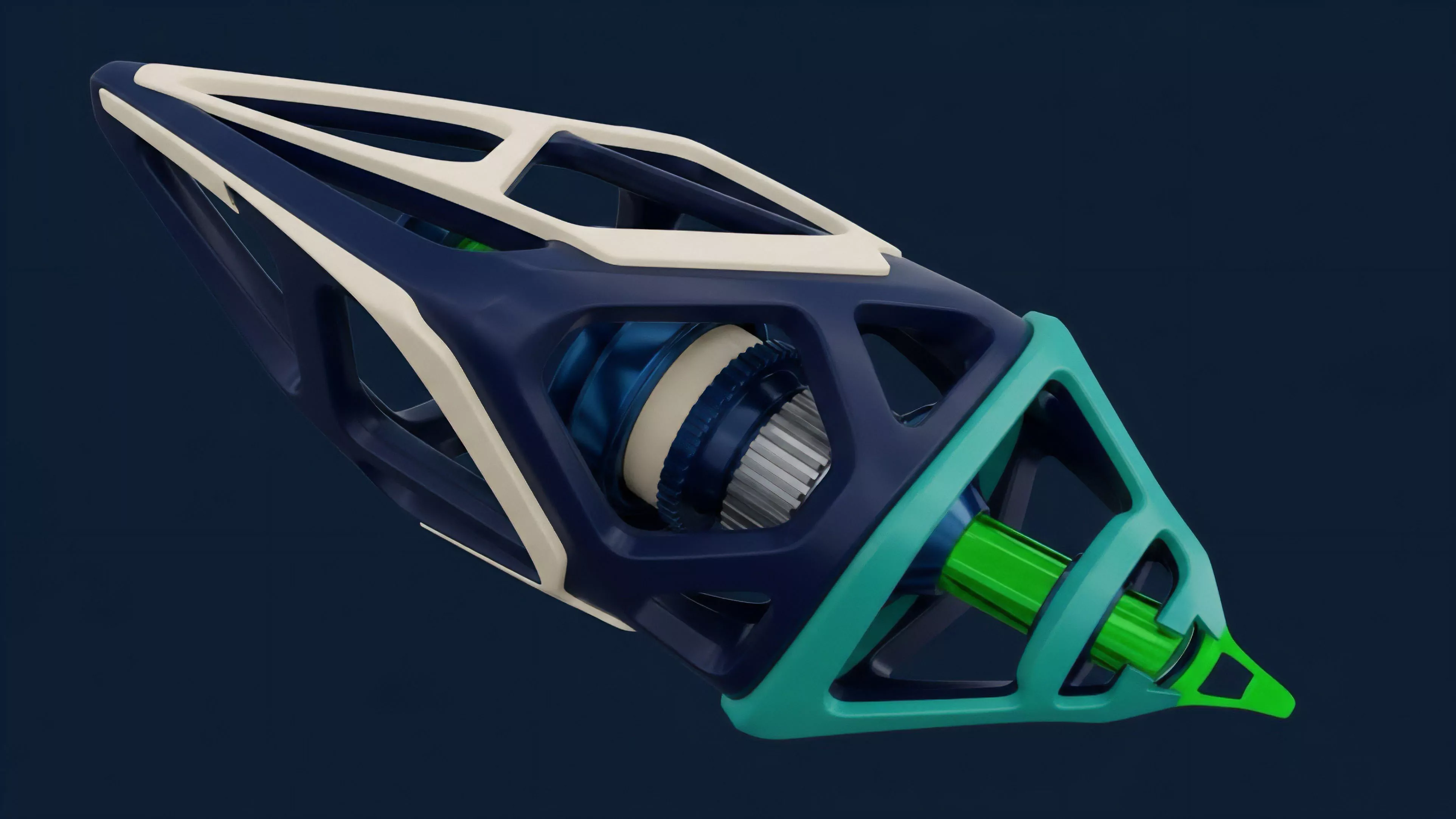 A futuristic, high-tech object composed of dark blue, cream, and green elements, featuring a complex outer cage structure and visible inner mechanical components. The object serves as a conceptual model for a high-performance decentralized finance protocol