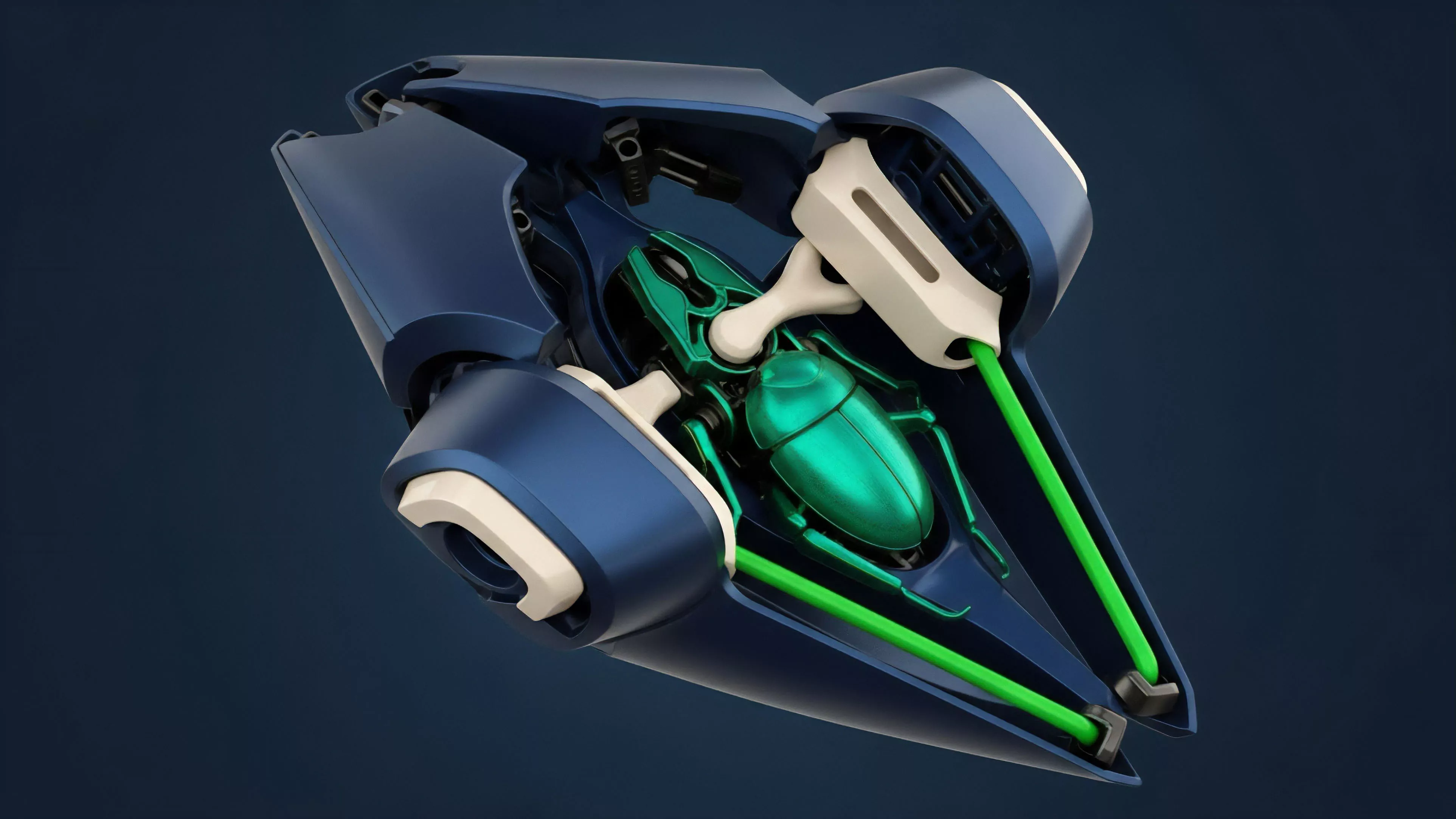 A detailed visualization of a decentralized structured product where the vibrant green beetle functions as the underlying asset or tokenized real-world asset RWA. The surrounding dark blue chassis represents the complex financial instrument, such as a perpetual swap or collateralized debt position CDP, designed for algorithmic execution. Green conduits illustrate the flow of liquidity and oracle feed data, powering the system's risk engine for precise alpha generation within a high-frequency trading context. The white support structures symbolize smart contract architecture.