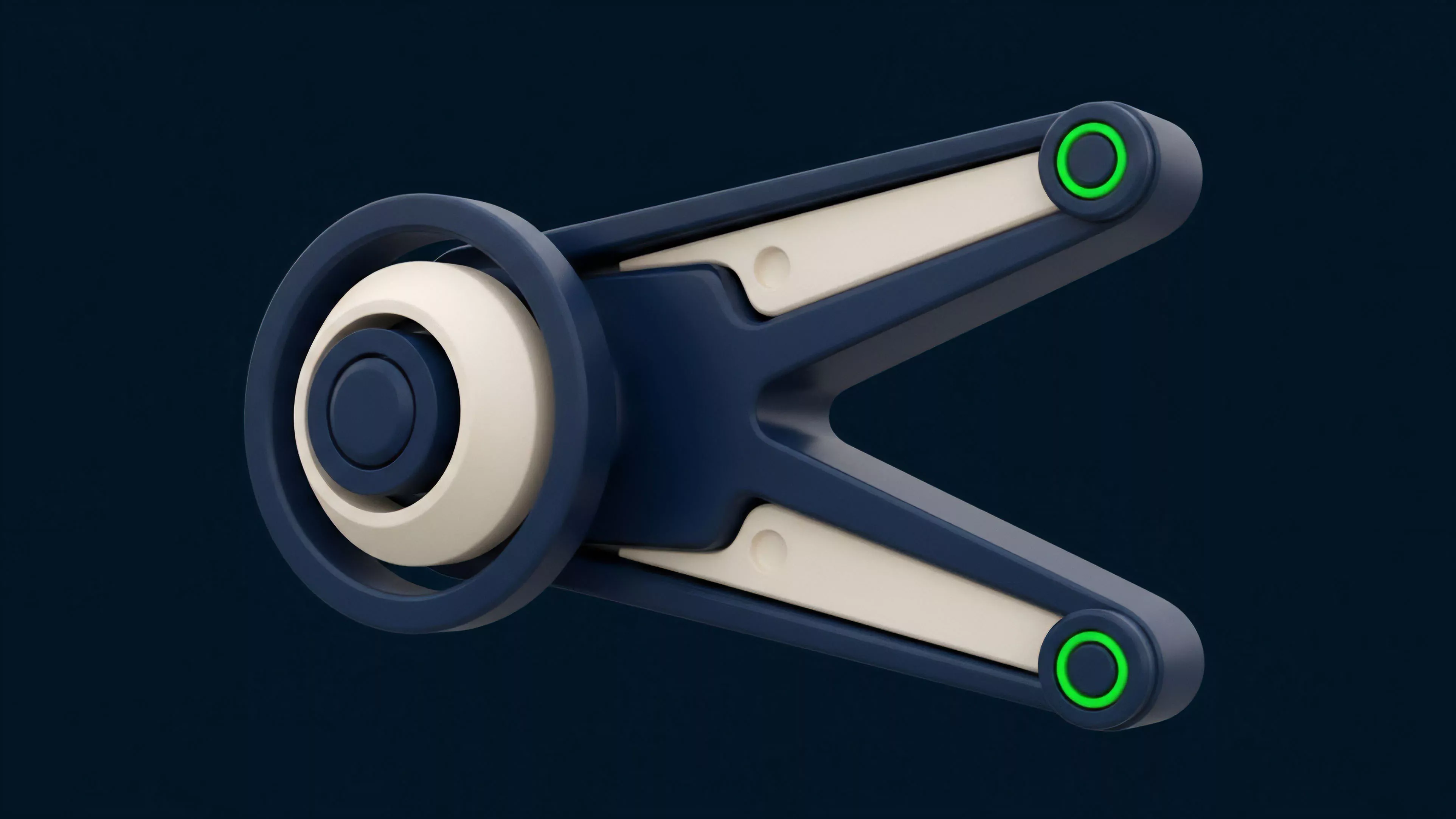 A stylized, futuristic mechanical object rendered in dark blue and light cream, featuring a V-shaped structure connected to a circular, multi-layered component on the left side. The tips of the V-shape contain circular green accents