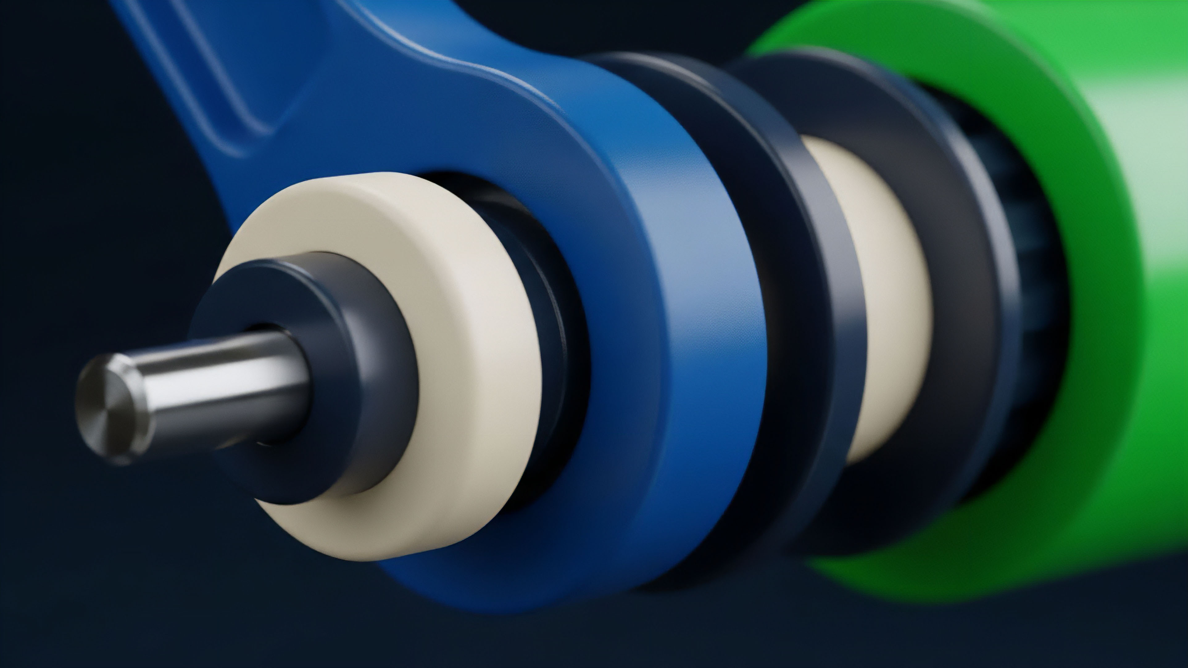 A detailed close-up of a multi-layered mechanical assembly represents the intricate structure of a decentralized finance DeFi options protocol or structured product. The central metallic shaft symbolizes the core collateral or underlying asset. The diverse components and spacers—including the off-white, blue, and dark rings—visually articulate different risk tranches, governance tokens, and automated collateral management layers. This complex composability illustrates advanced risk mitigation strategies essential for decentralized autonomous organizations DAOs engaged in options trading and sophisticated yield generation strategies.