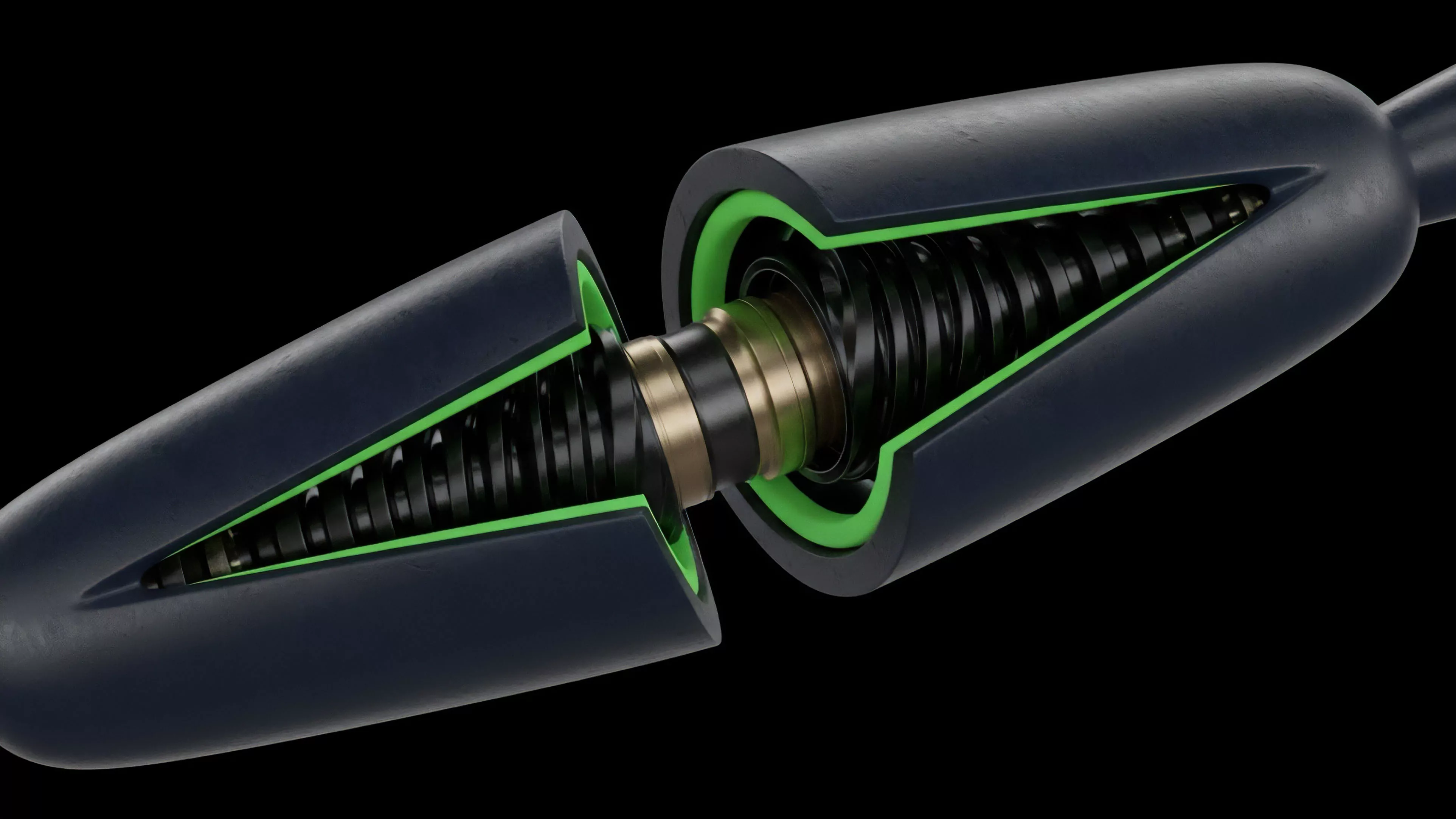 A high-resolution cutaway view of a mechanical joint or connection, separated slightly to reveal internal components. The dark gray outer shells contrast with fluorescent green inner linings, highlighting a complex spring mechanism and central brass connecting elements
