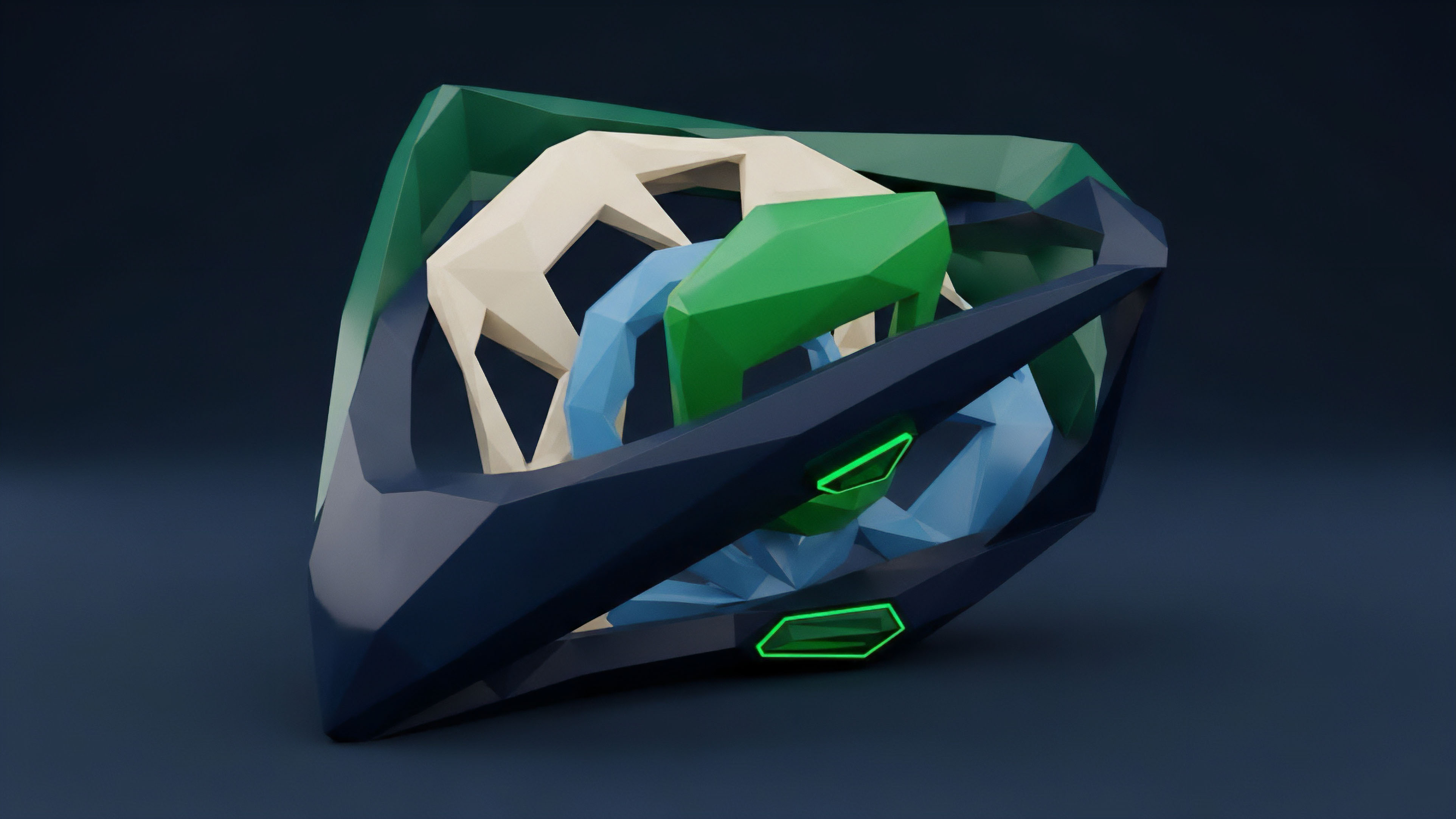 A geometric low-poly structure featuring a dark external frame encompassing several layered, brightly colored inner components, including cream, light blue, and green elements. The design incorporates small, glowing green sections, suggesting a flow of energy or data within the complex, interconnected system