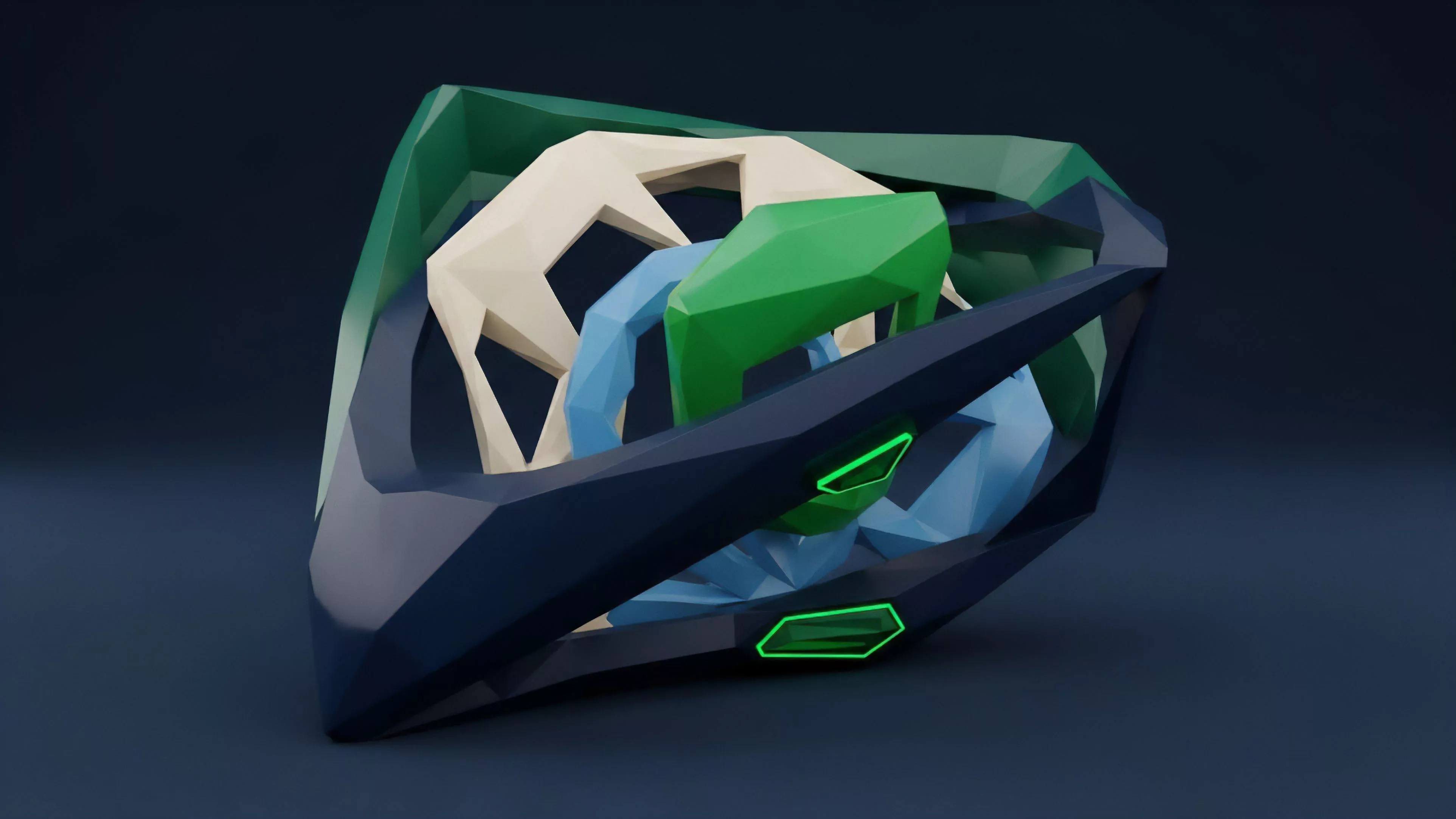 A low-poly digital structure featuring a dark external chassis enclosing multiple internal components in green, blue, and cream.