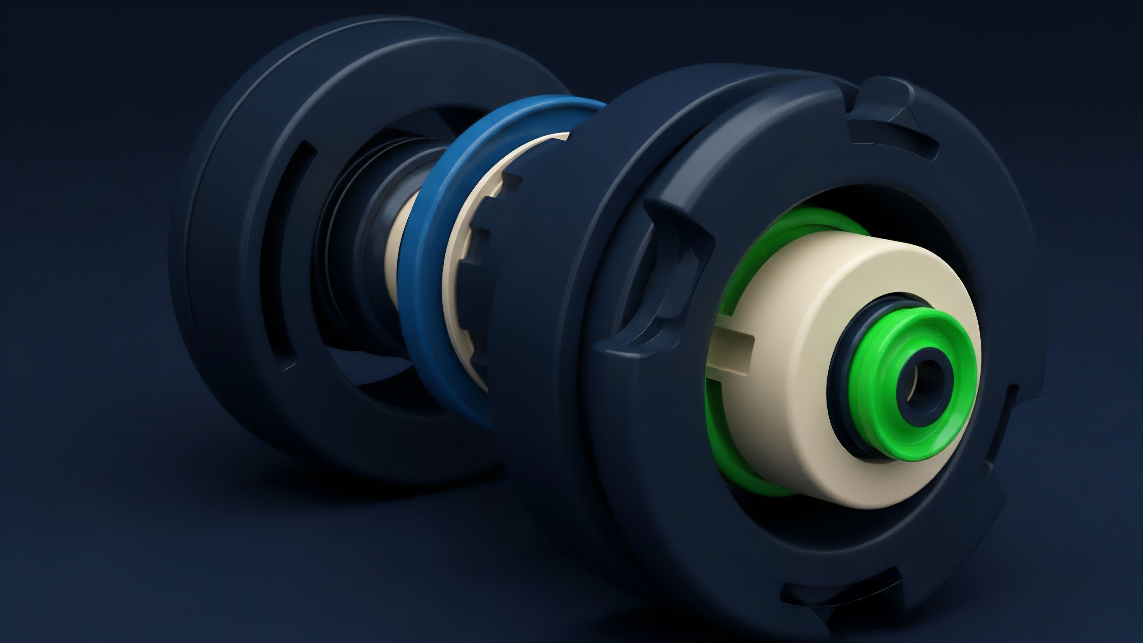 A cutaway view reveals a layered mechanism with distinct components in dark blue, bright blue, off-white, and green. This illustrates the complex architecture of collateralized derivatives and structured financial products. The nested elements represent risk tranches, with each layer symbolizing different collateralization requirements and risk exposure levels. This visual breakdown highlights the modularity and composability essential for understanding options pricing and liquidity management in decentralized finance. The inner green component symbolizes the core underlying asset, while surrounding layers represent the derivative contract's risk structure and premium calculations.