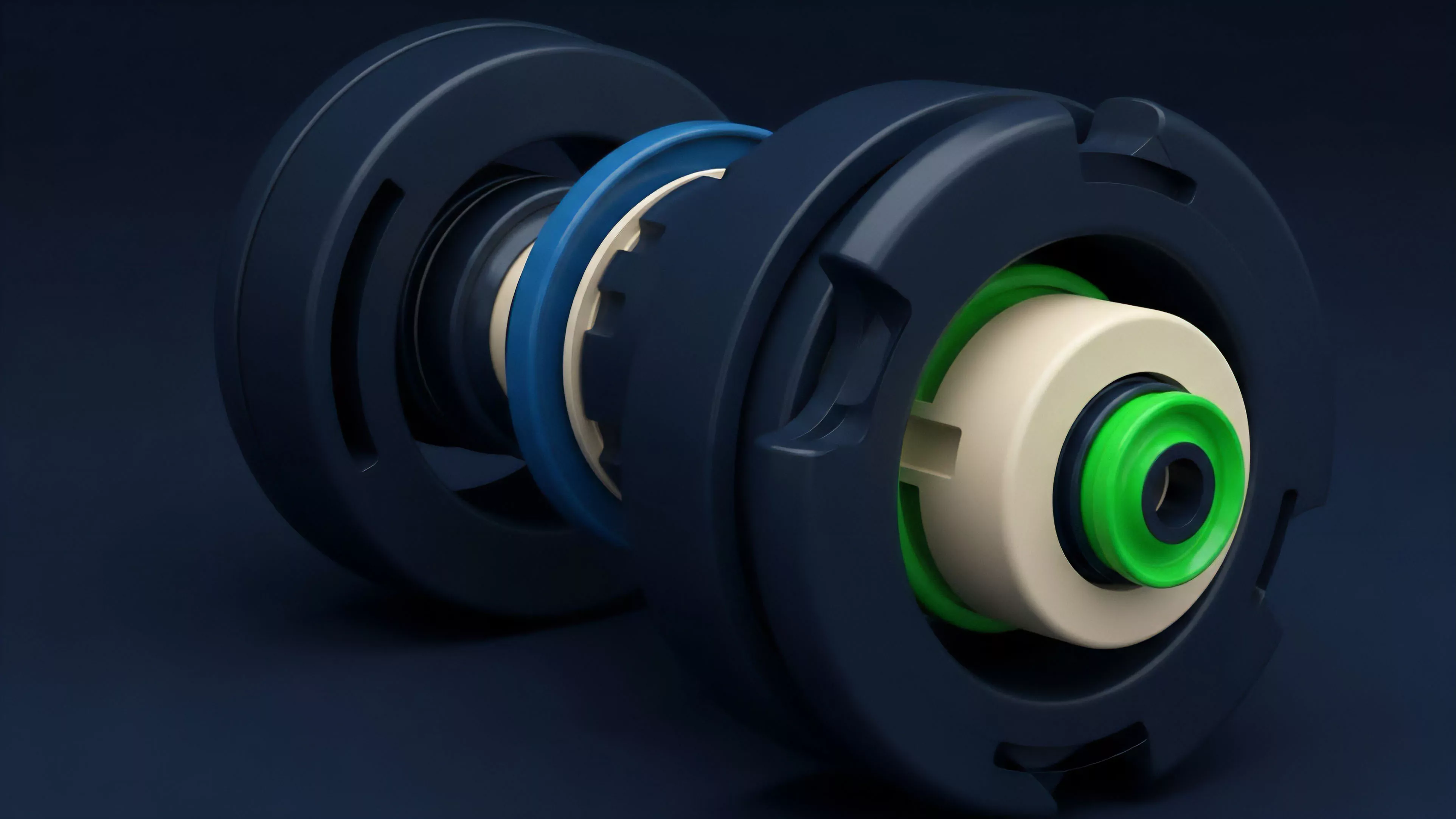 A cutaway view reveals a layered mechanism with distinct components in dark blue, bright blue, off-white, and green. This illustrates the complex architecture of collateralized derivatives and structured financial products. The nested elements represent risk tranches, with each layer symbolizing different collateralization requirements and risk exposure levels. This visual breakdown highlights the modularity and composability essential for understanding options pricing and liquidity management in decentralized finance. The inner green component symbolizes the core underlying asset, while surrounding layers represent the derivative contract's risk structure and premium calculations.
