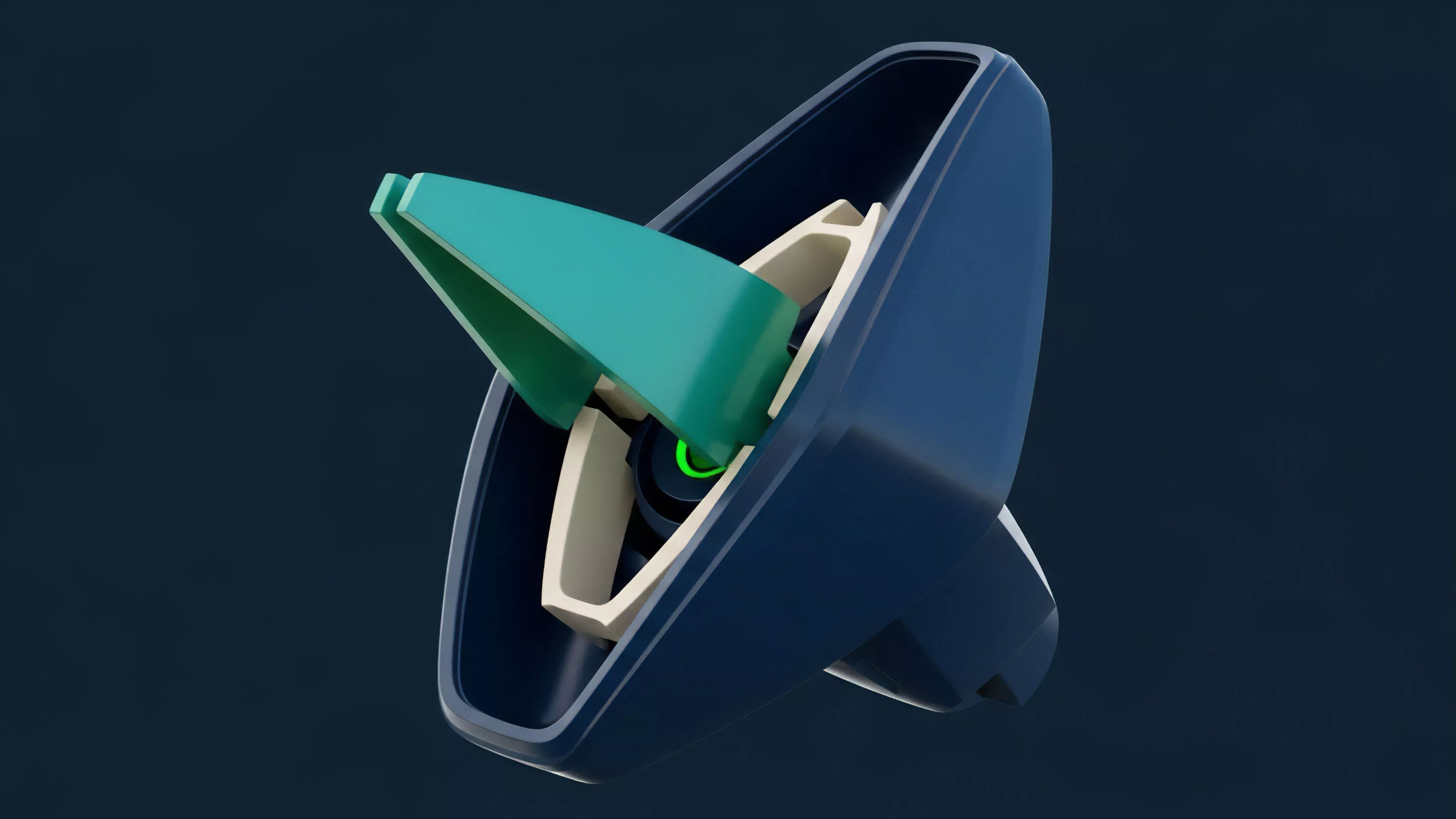 A high-resolution render of a precision-engineered mechanism within a deep blue casing features a prominent teal fin supported by an off-white internal structure, with a green light indicating operational status.