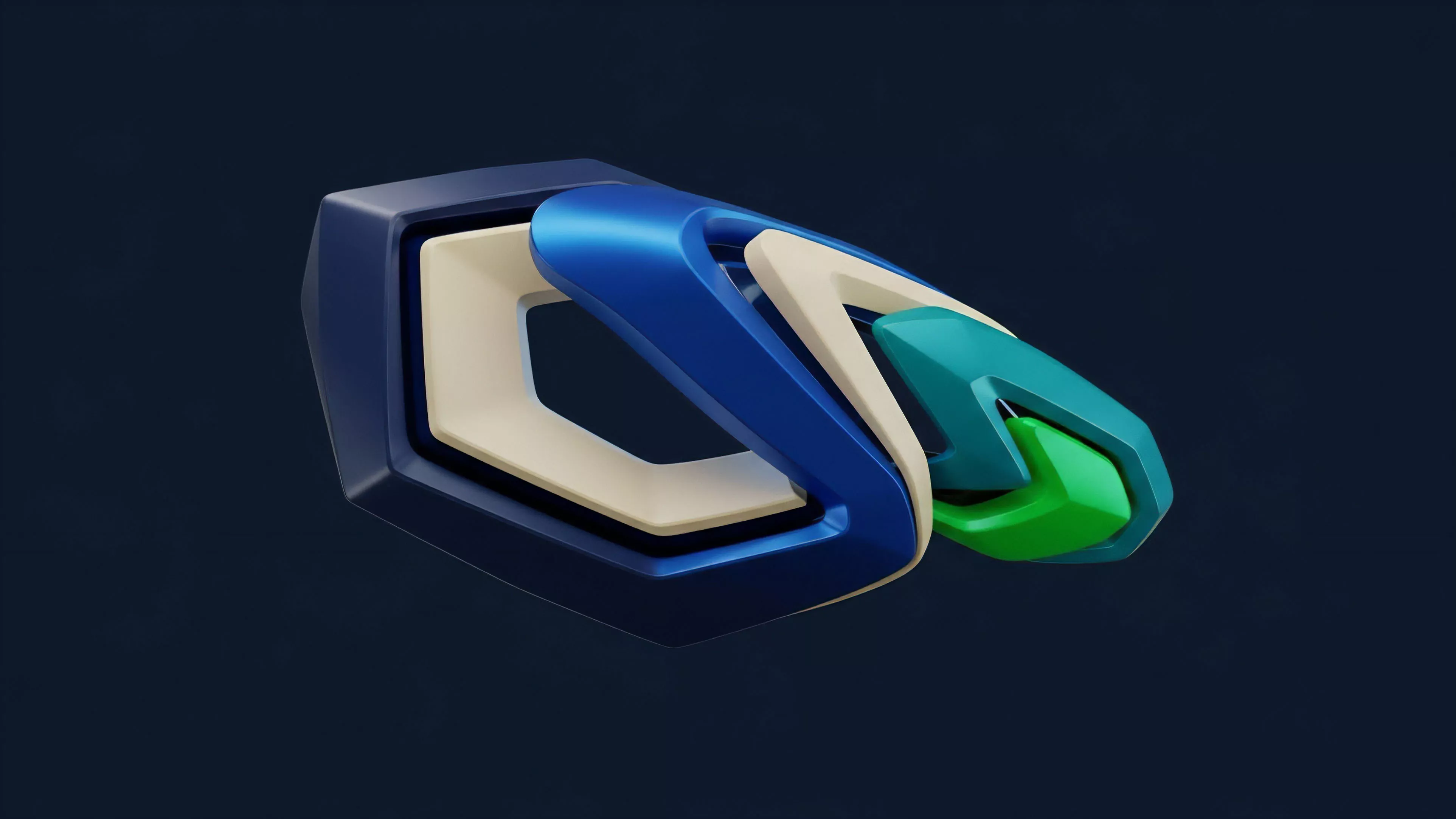 An abstract digital rendering showcases an intricate structure of interconnected and layered components against a dark background. The design features a progression of colors from a robust dark blue outer frame to flowing internal segments in cream, dynamic blue, teal, and bright green