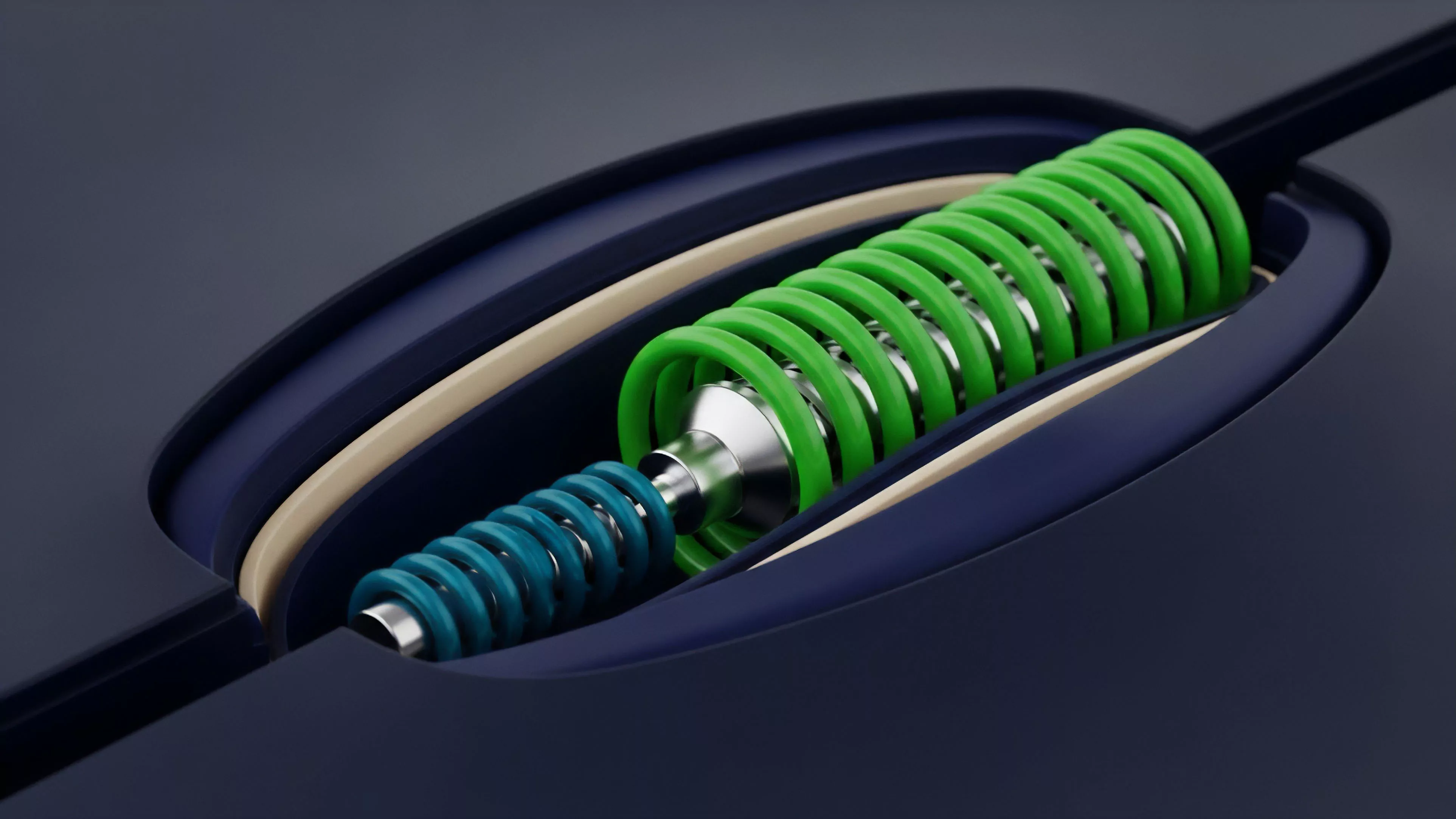 A detailed cross-section reveals a precision mechanical system, showcasing two springs ⎊ a larger green one and a smaller blue one ⎊ connected by a metallic piston, set within a custom-fit dark casing. The green spring appears compressed against the inner chamber while the blue spring is extended from the central component