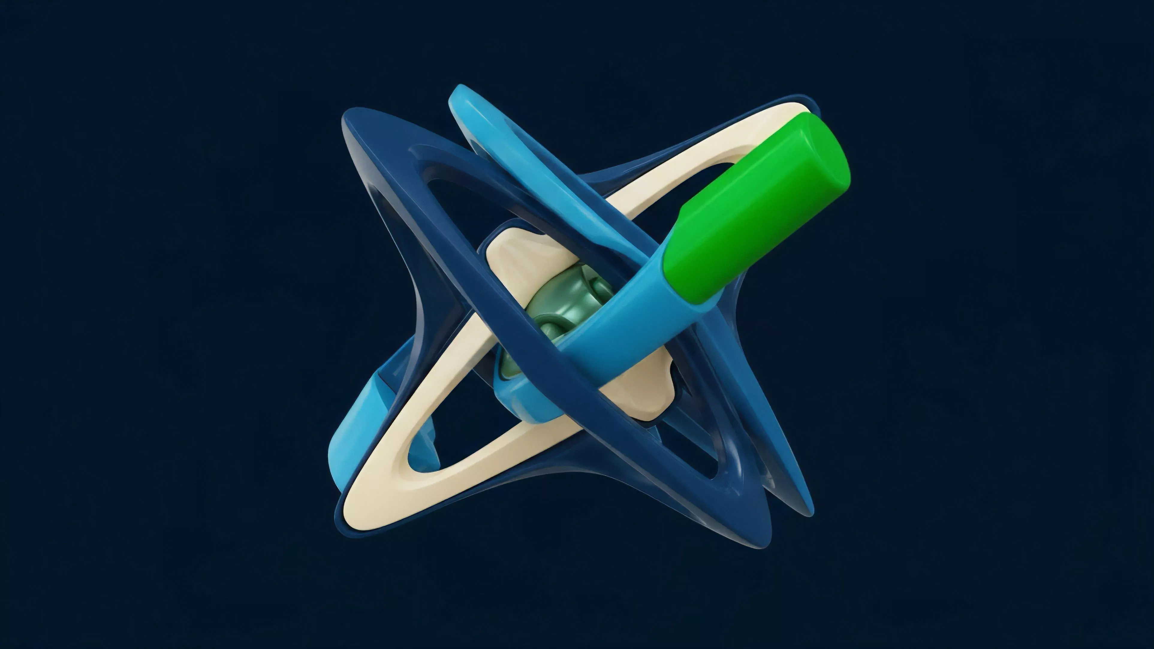 A complex abstract digital artwork features smooth, interconnected structural elements in shades of deep blue, light blue, cream, and green. The components intertwine in a dynamic, three-dimensional arrangement against a dark background, suggesting a sophisticated mechanism