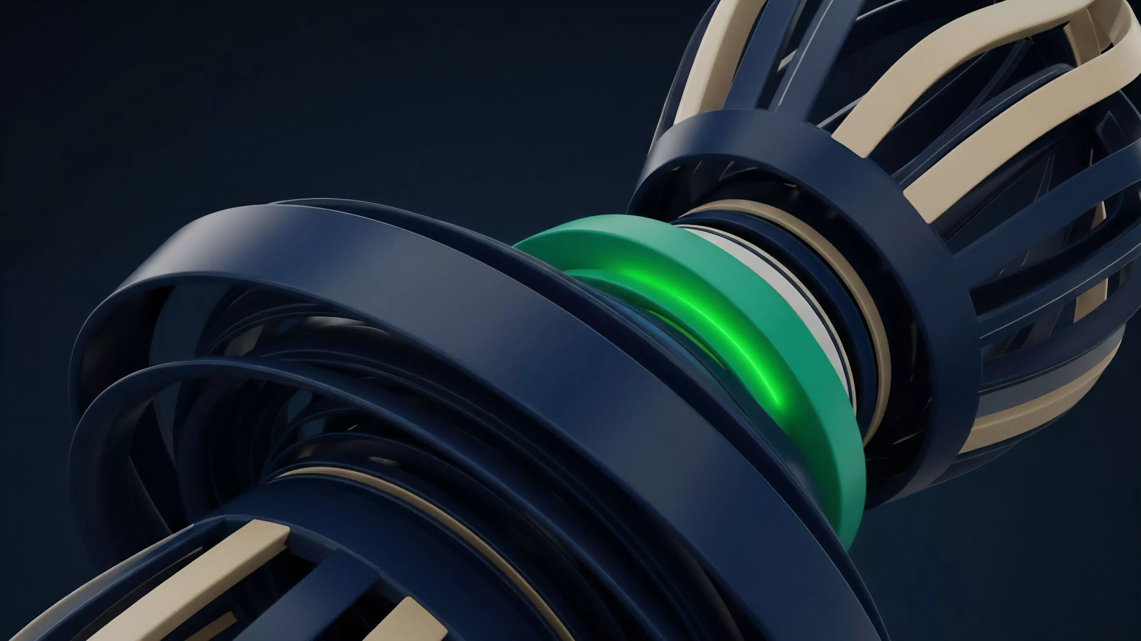 An abstract composition of interwoven dark blue and beige forms converging at a central glowing green band. The structure symbolizes the intricate layers of a decentralized finance DeFi derivatives platform. The glowing element represents real-time algorithmic execution, where smart contract logic processes collateral requirements and manages risk. This visual metaphor illustrates how liquidity pools facilitate perpetual swaps and options contracts by aggregating capital and optimizing yield generation through automated market makers AMMs in a highly dynamic environment. The complex components represent the various interconnected asset classes and market participants in a derivatives ecosystem.