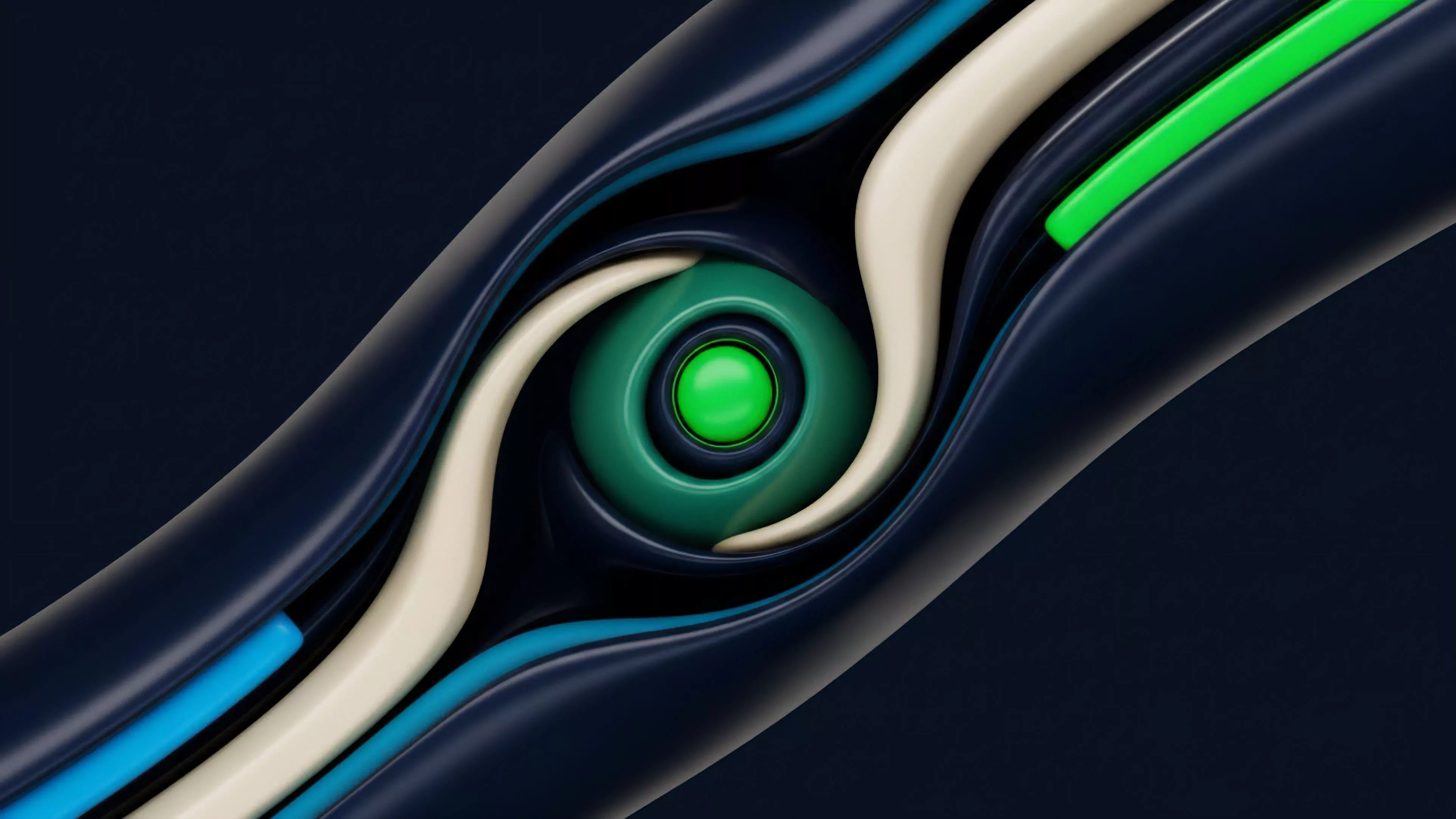 A close-up view shows a dynamic vortex structure with a bright green sphere at its core, surrounded by flowing layers of teal, cream, and dark blue. The composition suggests a complex, converging system, where multiple pathways spiral towards a single central point