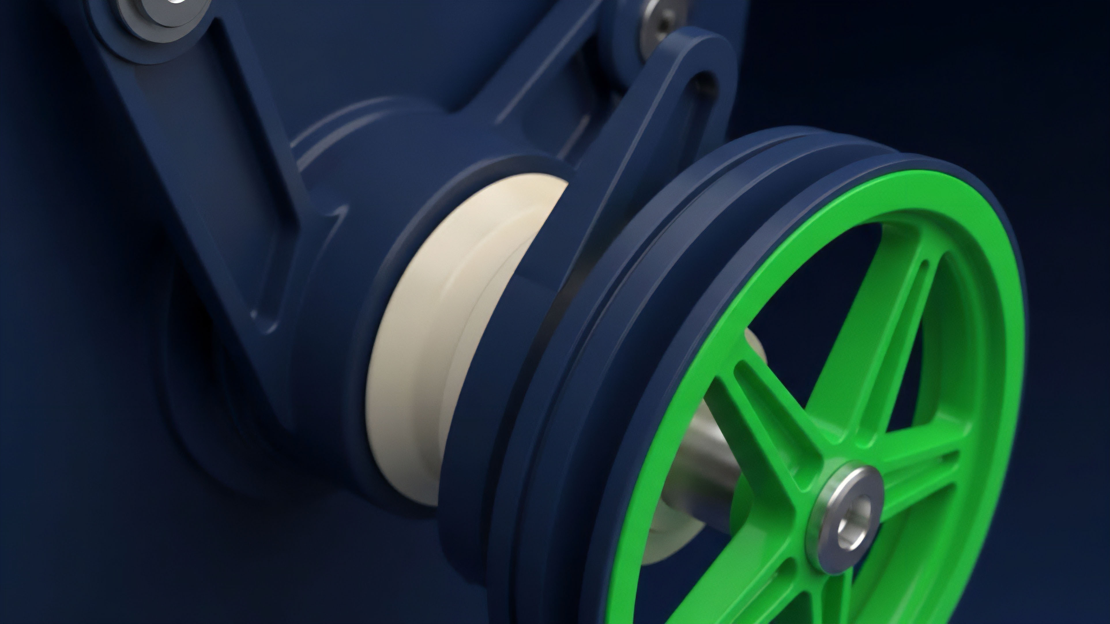 A visual metaphor for the mechanism of leveraged derivatives within a decentralized finance ecosystem. The mechanical assembly depicts the interaction between an underlying asset blue structure and a leveraged derivative instrument green wheel, illustrating the non-linear relationship between price movements. This system represents complex collateralization requirements and risk management strategies employed by smart contracts. The different pulley sizes highlight the gearing effect on returns, symbolizing high leverage in perpetual futures or options contracts.