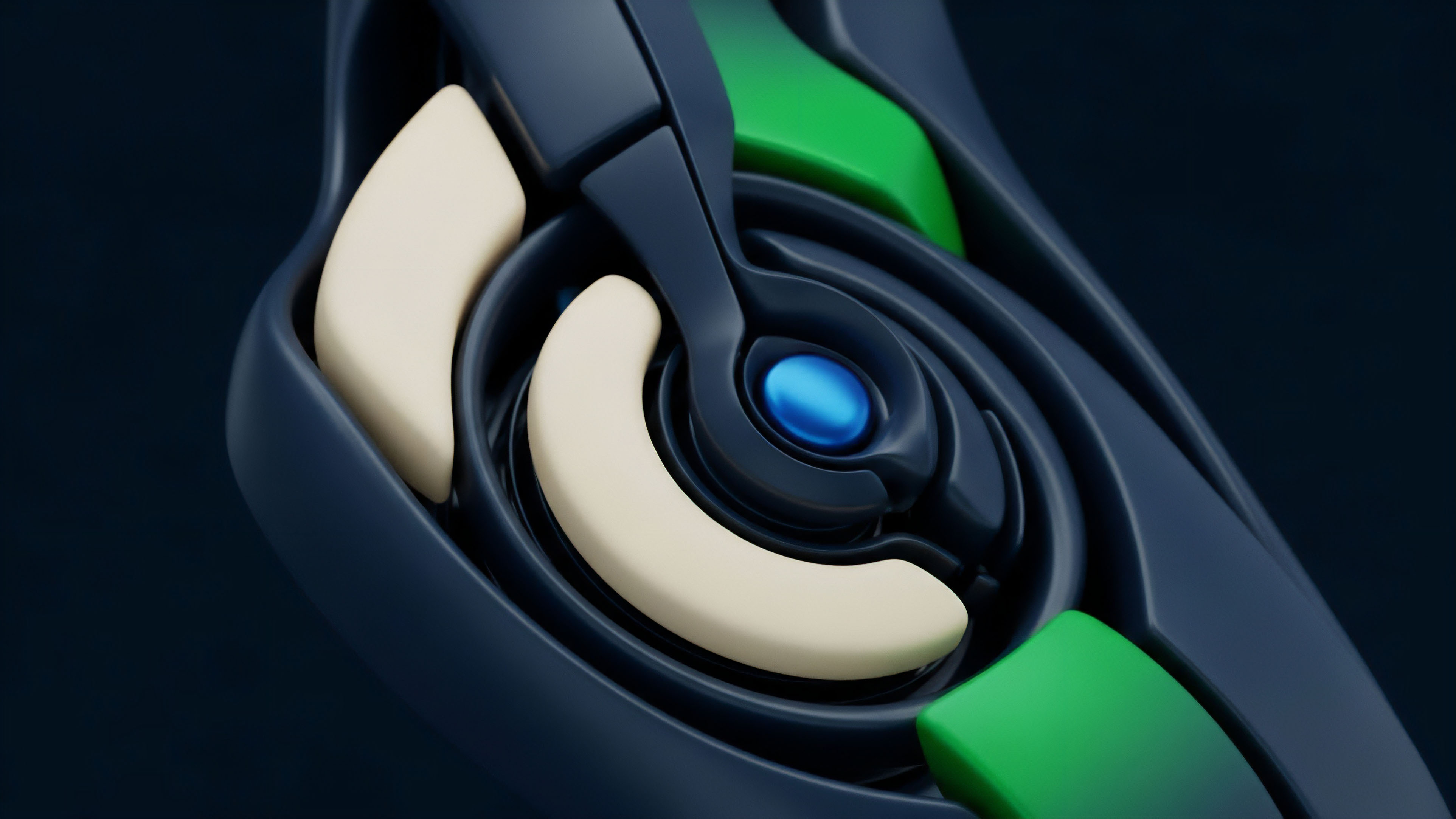 A close-up view reveals a highly detailed abstract mechanical component featuring curved, precision-engineered elements. The central focus includes a shiny blue sphere surrounded by dark gray structures, flanked by two cream-colored crescent shapes and a contrasting green accent on the side