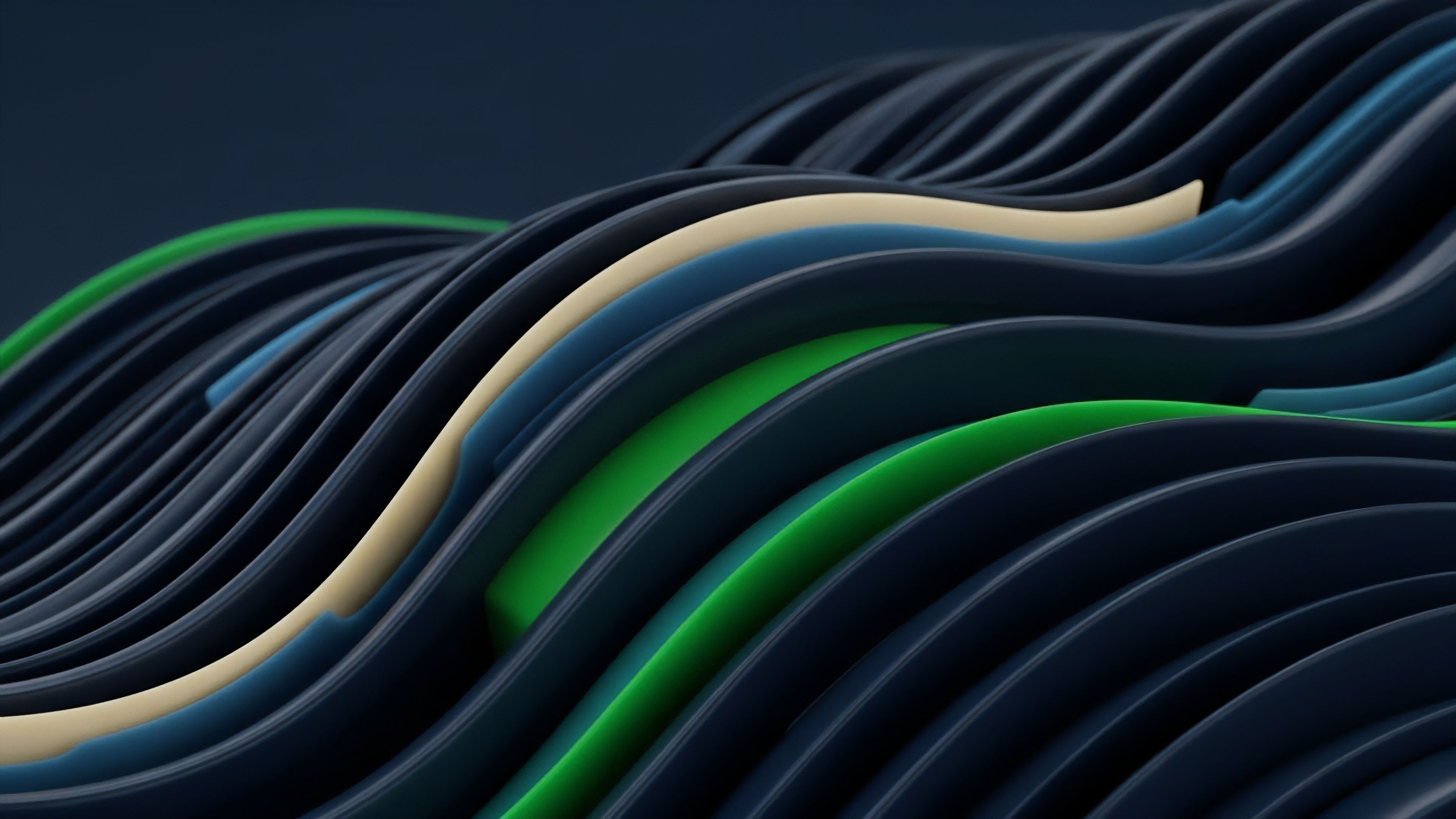 The abstract composition features a series of flowing, undulating lines in a complex layered structure. The dominant color palette consists of deep blues and black, accented by prominent bands of bright green, beige, and light blue