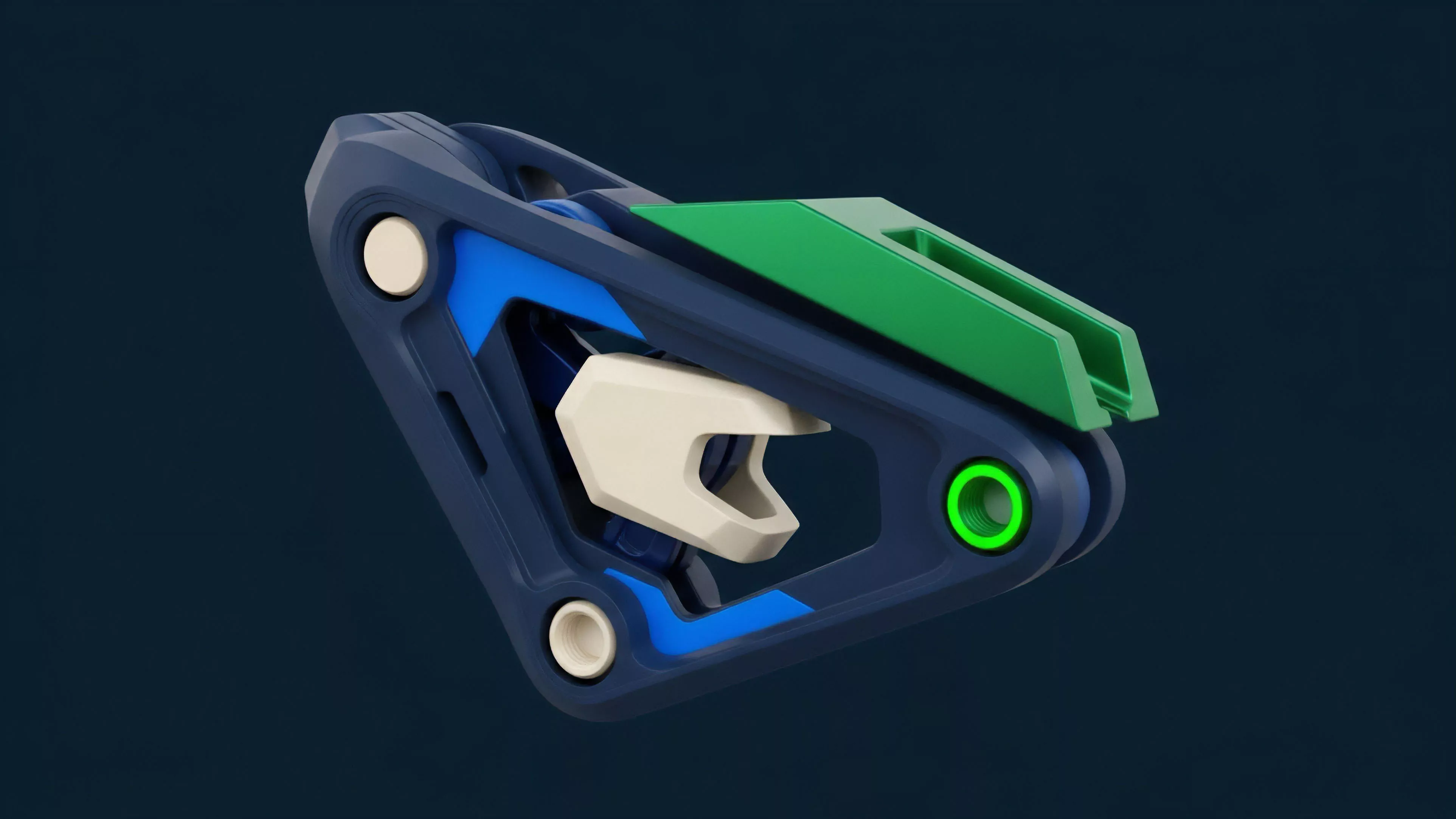 A futuristic, multi-component structure representing a sophisticated smart contract execution mechanism for decentralized finance options strategies. The dark blue frame acts as the core options protocol, supporting an internal rebalancing algorithm. The lighter blue elements signify liquidity pools or collateralization, while the beige component represents the underlying asset position. The bright green section indicates a dynamic trigger or liquidation mechanism, illustrating real-time volatility exposure adjustments essential for delta hedging and generating risk-adjusted returns within complex structured products.