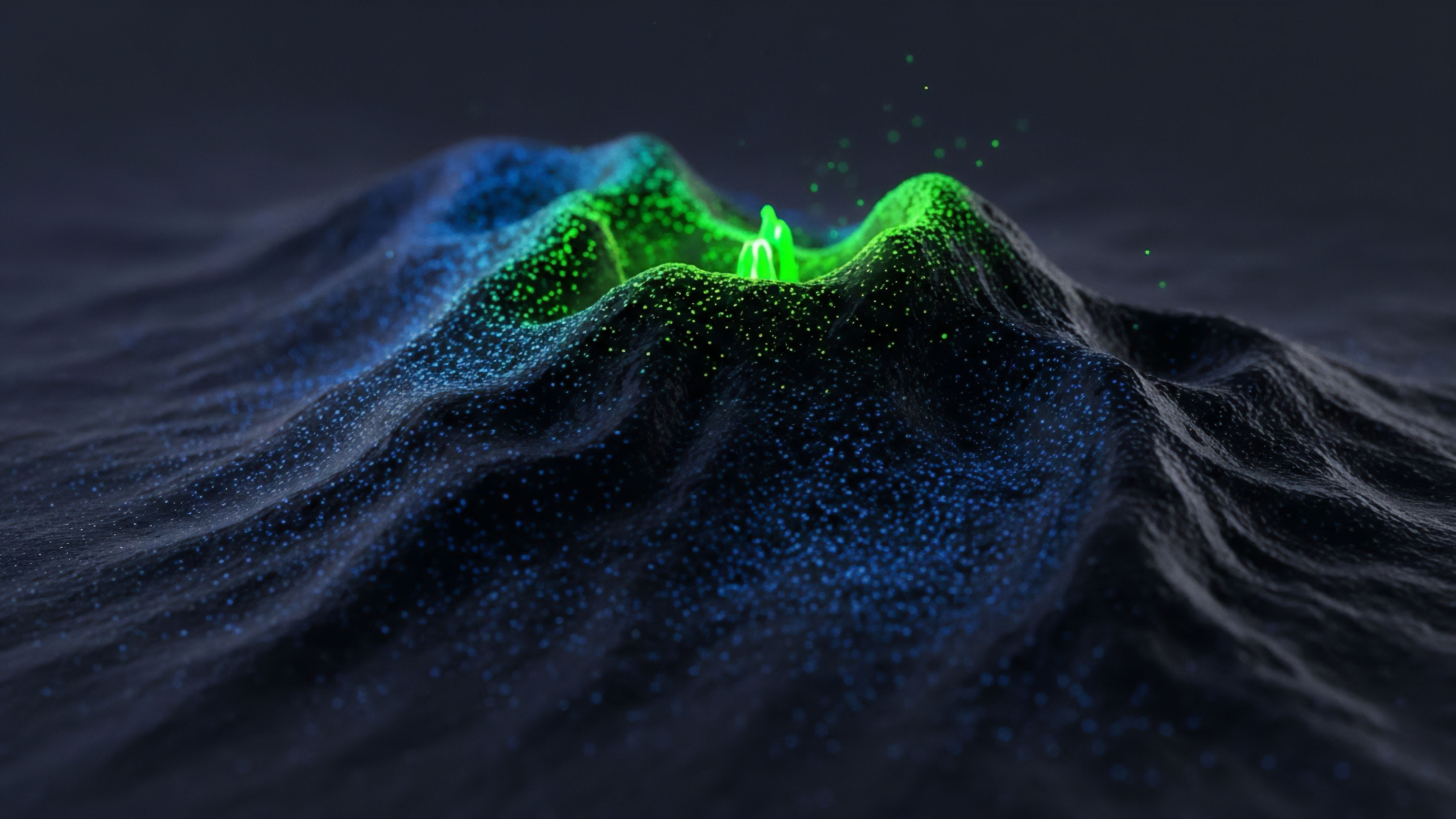 An abstract visualization depicting a volatility surface where the undulating dark terrain represents price action and market liquidity depth. A central bright green locus symbolizes a sudden increase in implied volatility or a significant gamma exposure event resulting from smart contract execution or oracle updates. The surrounding particle field illustrates the continuous flux of order flow across decentralized exchange liquidity pools, reflecting high-frequency trading algorithms reacting to price discovery.