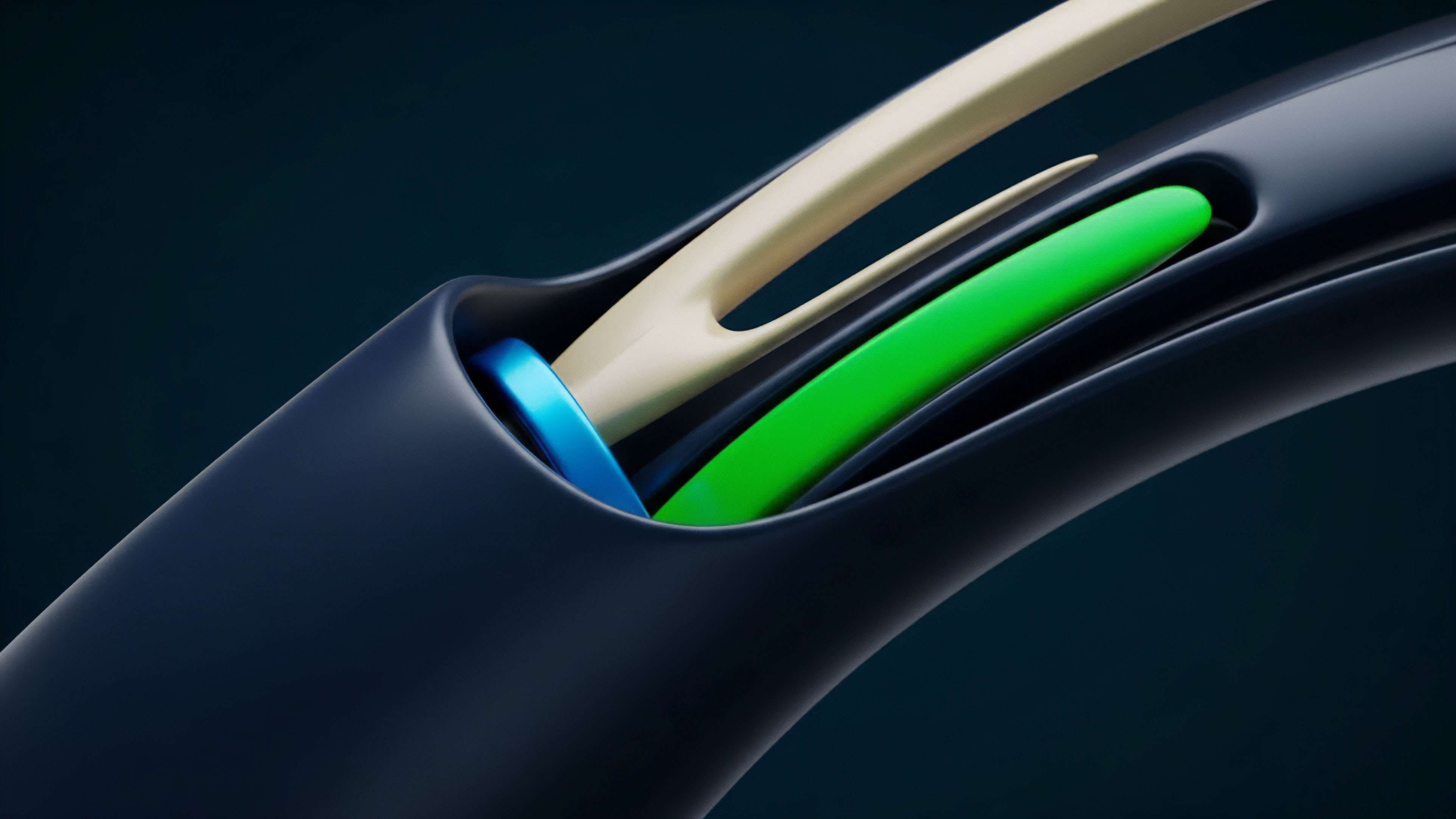 This abstract visualization depicts the internal mechanics of a high-frequency trading system or a financial derivatives platform. The distinct pathways represent different asset classes or smart contract logic flows. The bright green component could symbolize a high-yield tokenized asset or a futures contract with high volatility. The beige element represents a stablecoin acting as collateral. The blue element signifies an automated market maker function or an oracle data feed. Together, they illustrate real-time transaction processing and liquidity pool interactions within a decentralized exchange environment.