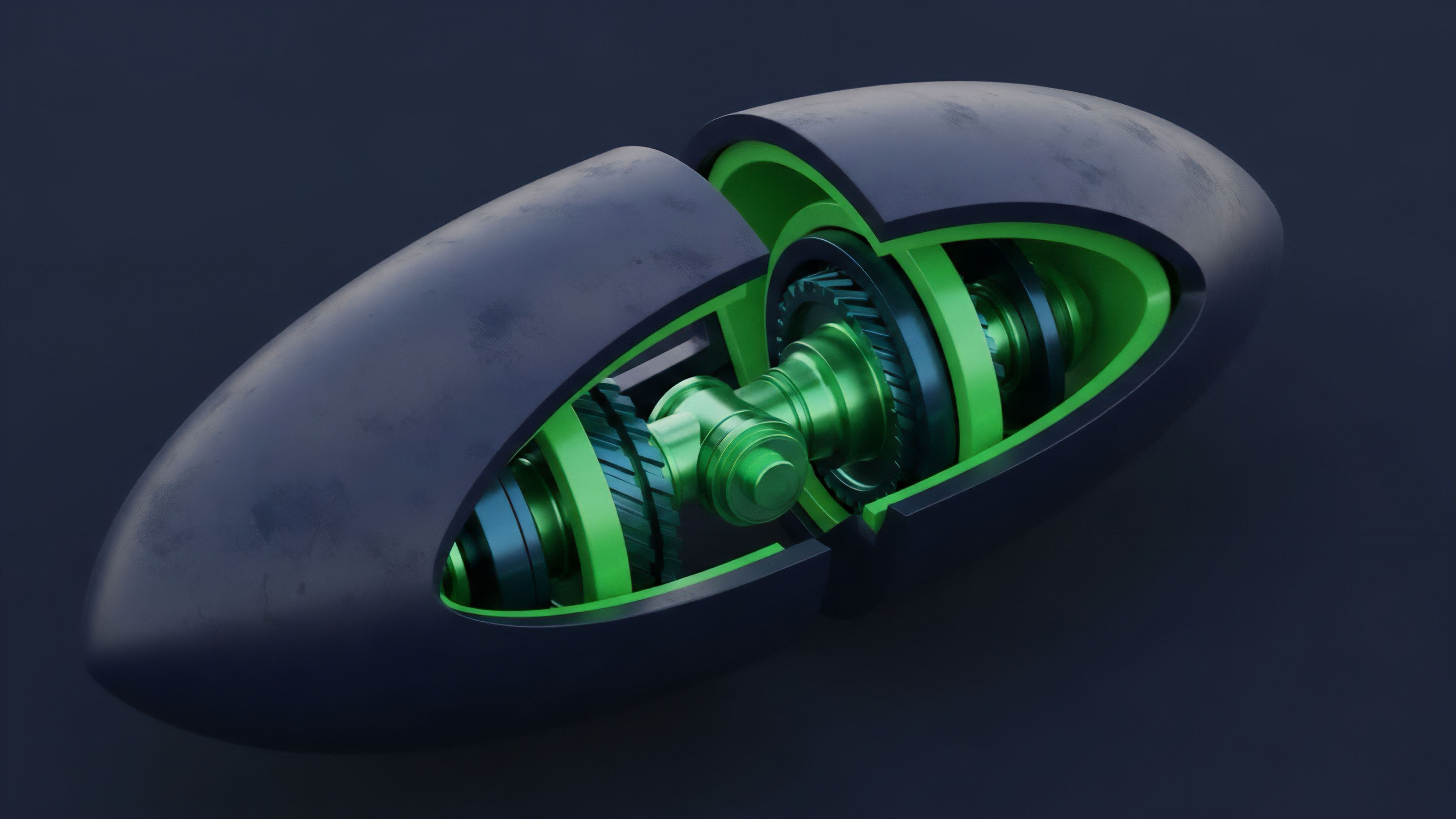 A futuristic, dark ovoid casing is presented with a precise cutaway revealing complex internal machinery. The bright neon green components and deep blue metallic elements contrast sharply against the matte exterior, highlighting the intricate workings. This structure represents a sophisticated decentralized finance protocol's core, where smart contracts execute high-frequency arbitrage and calculate collateralization ratios. The interconnected parts symbolize the logic of an automated market maker AMM, demonstrating capital efficiency and advanced yield generation within a robust risk management framework. The encapsulation reflects the secure, non-custodial nature of decentralized derivatives and options pricing models.