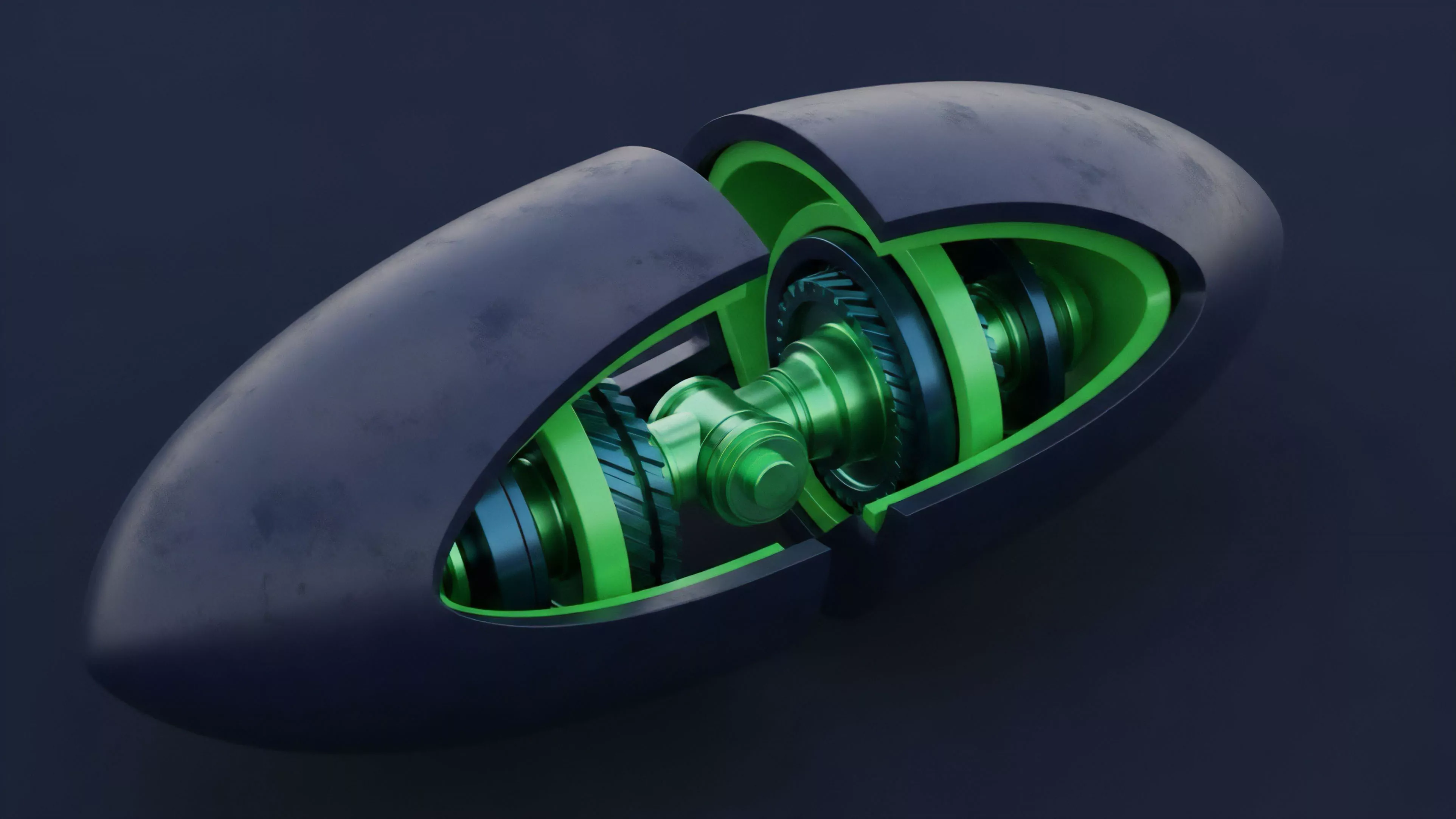 A futuristic, dark ovoid casing is presented with a precise cutaway revealing complex internal machinery. The bright neon green components and deep blue metallic elements contrast sharply against the matte exterior, highlighting the intricate workings. This structure represents a sophisticated decentralized finance protocol's core, where smart contracts execute high-frequency arbitrage and calculate collateralization ratios. The interconnected parts symbolize the logic of an automated market maker AMM, demonstrating capital efficiency and advanced yield generation within a robust risk management framework. The encapsulation reflects the secure, non-custodial nature of decentralized derivatives and options pricing models.