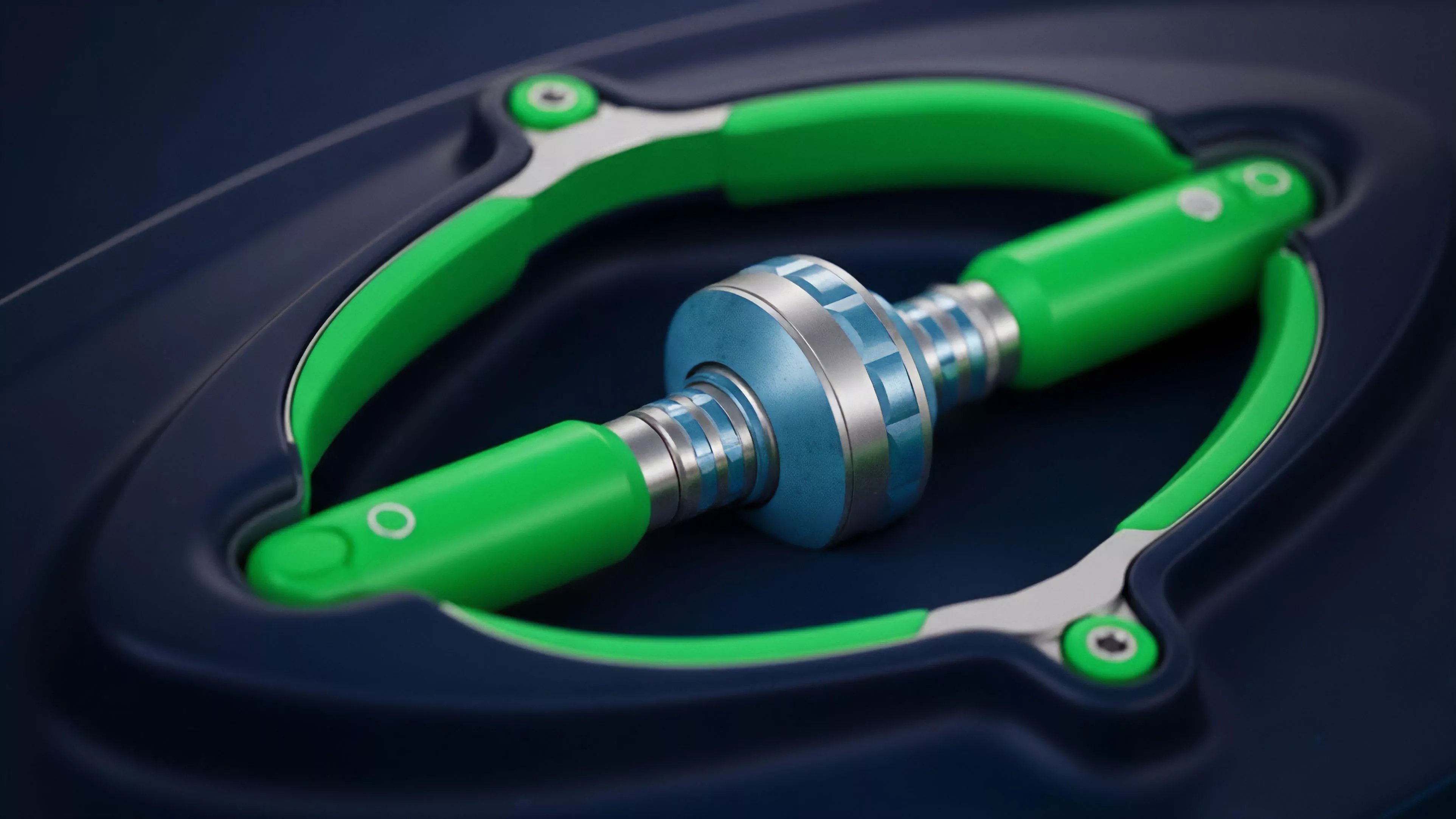 A stylized depiction of a sophisticated mechanism representing a core decentralized finance protocol, potentially an automated market maker AMM for options trading. The central metallic blue element simulates the smart contract where liquidity provision is aggregated for yield farming. Bright green arms symbolize asset streams flowing into the pool, illustrating how collateralization ratios are maintained during algorithmic execution. The overall structure captures the complex interplay between volatility, options premium calculation, and risk management within a Layer 2 scaling solution.