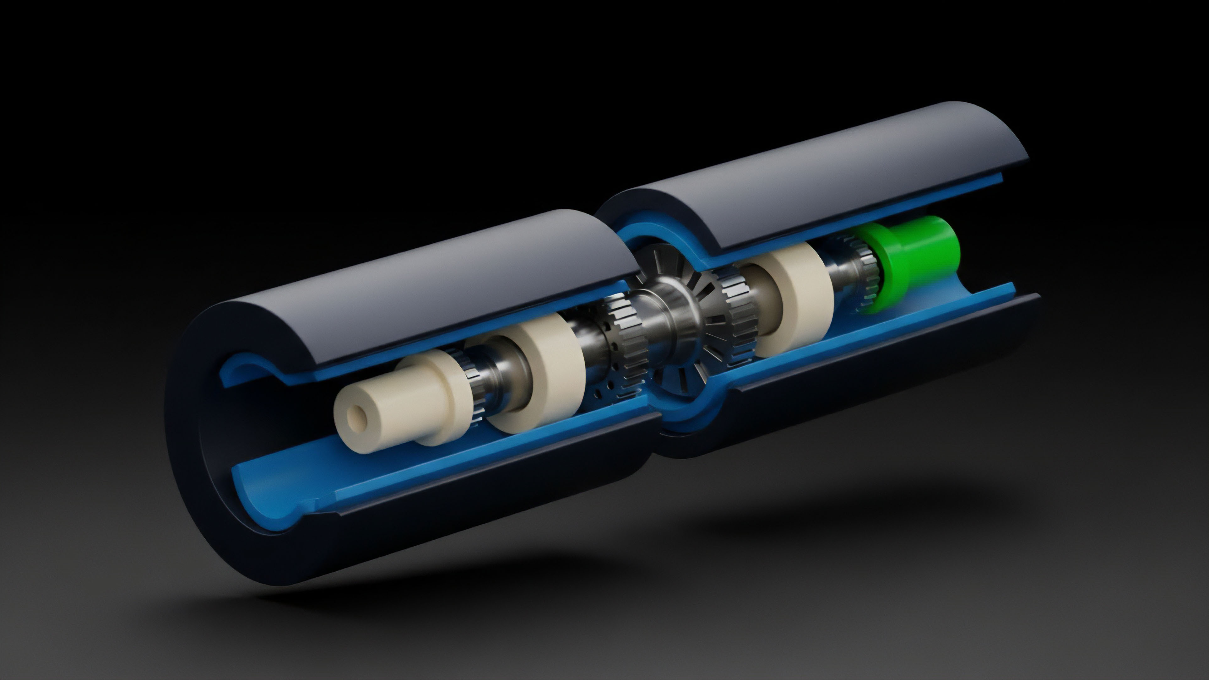 A precise cutaway view reveals the internal components of a cylindrical object, showing gears, bearings, and shafts housed within a dark gray casing and blue liner. The intricate arrangement of metallic and non-metallic parts illustrates a complex mechanical assembly