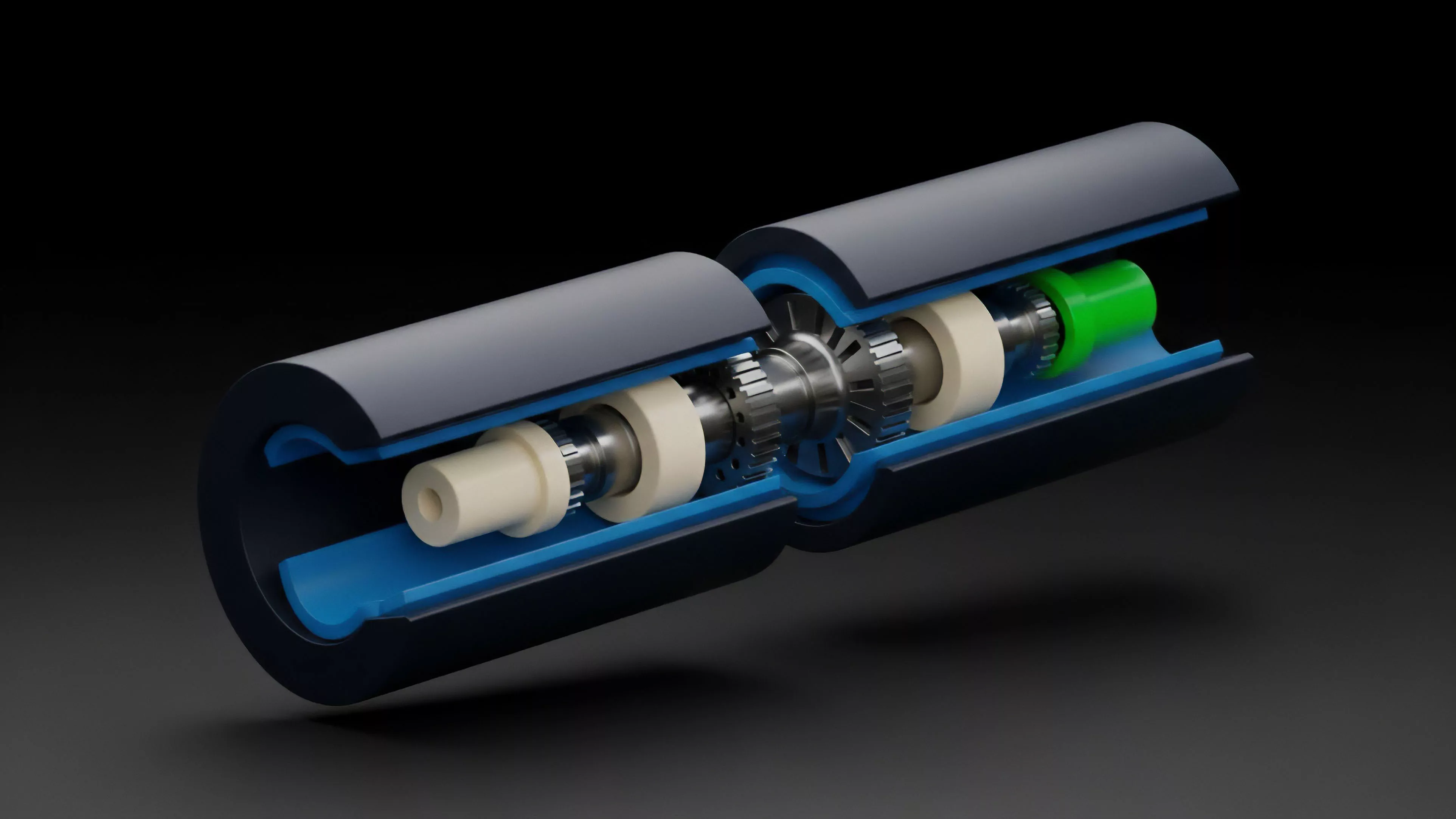 A precise cutaway view reveals the internal components of a cylindrical object, showing gears, bearings, and shafts housed within a dark gray casing and blue liner. The intricate arrangement of metallic and non-metallic parts illustrates a complex mechanical assembly