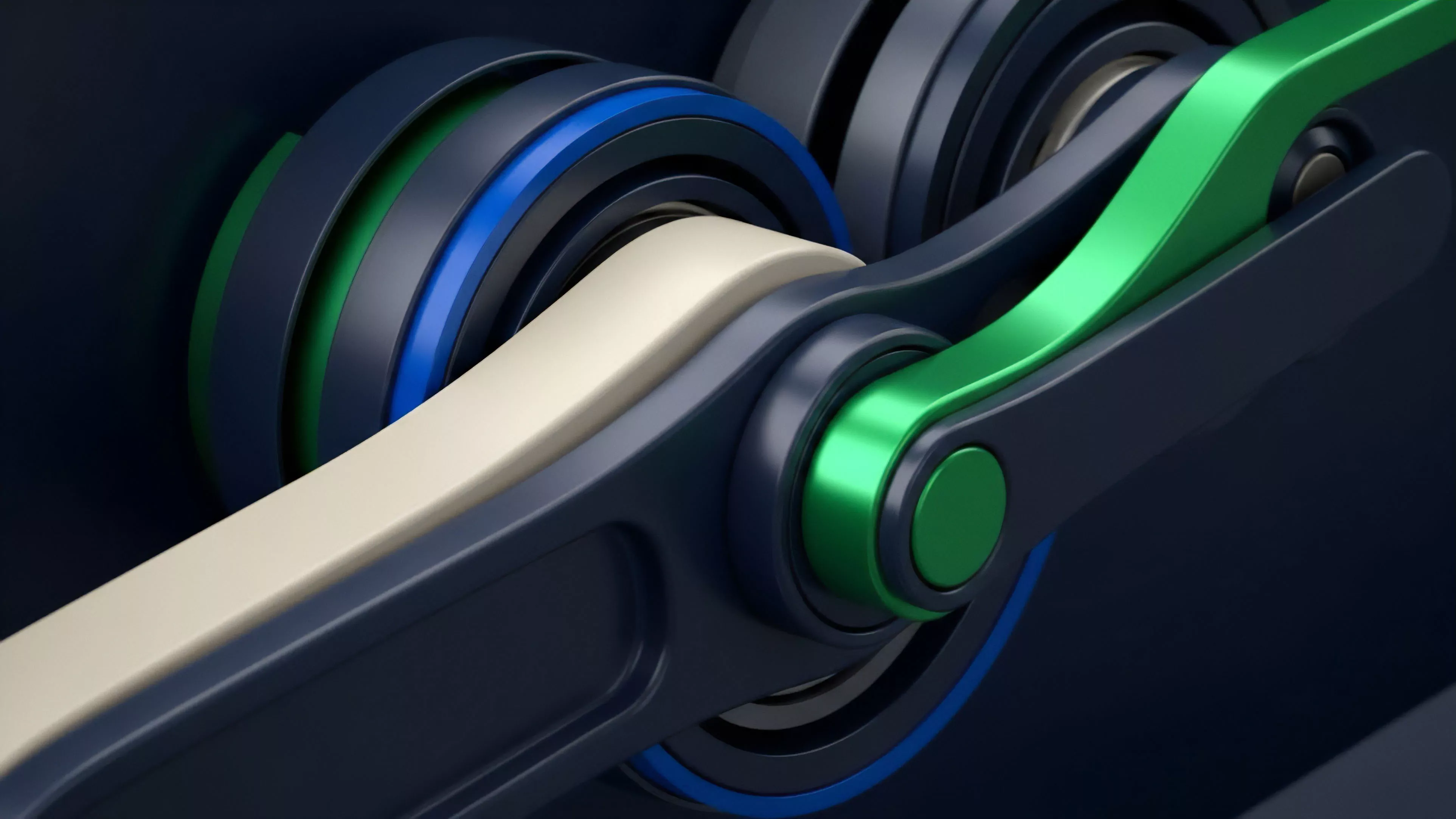 A detailed abstract view of an interlocking mechanism with a bright green linkage, beige arm, and dark blue frame.