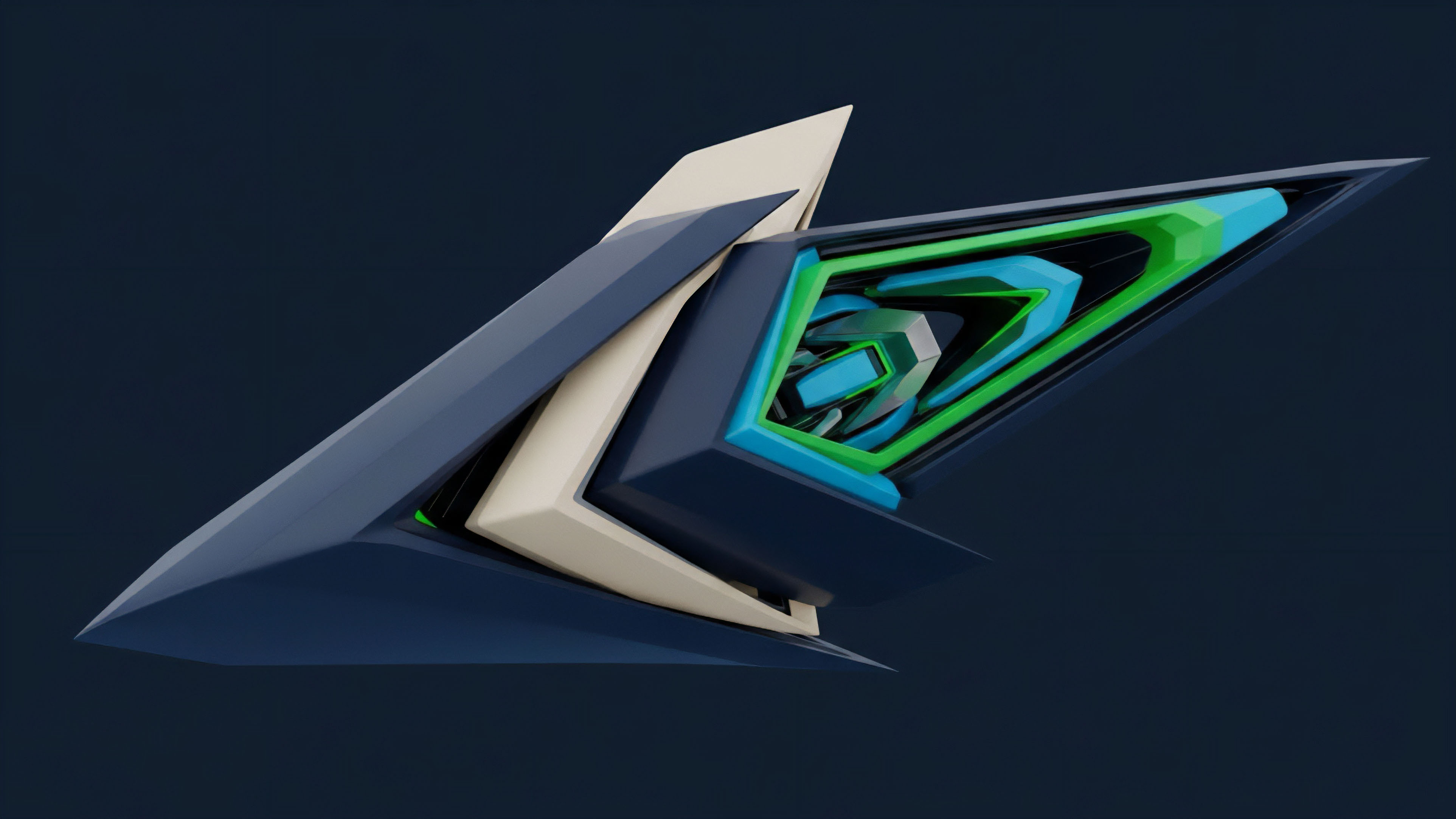 A multi-layered, angular object rendered in dark blue and beige, featuring sharp geometric lines that symbolize precision and complexity. The structure opens inward to reveal a high-contrast core of vibrant green and blue geometric forms. This abstract design represents a decentralized finance DeFi architecture where advanced algorithmic execution strategies manage synthetic asset creation and risk stratification across different tranches. It visualizes the high-frequency trading mechanisms essential for efficient price discovery, liquidity provisioning, and risk parameter management within the market microstructure. The layered elements depict smart contract nesting in complex derivative protocols.