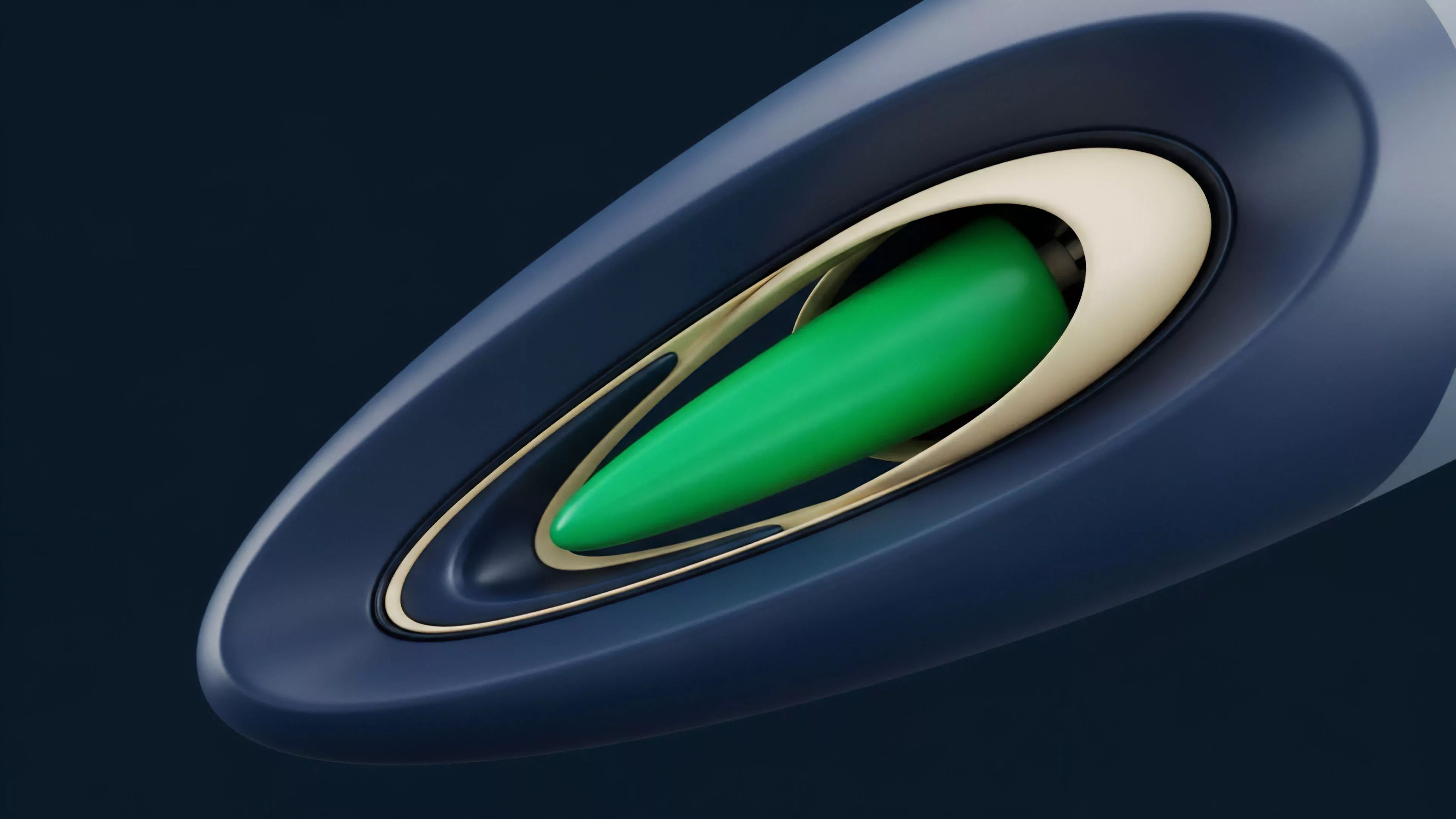A sleek dark blue surface forms a protective cavity for a vibrant green, bullet-shaped core, symbolizing an underlying asset.
