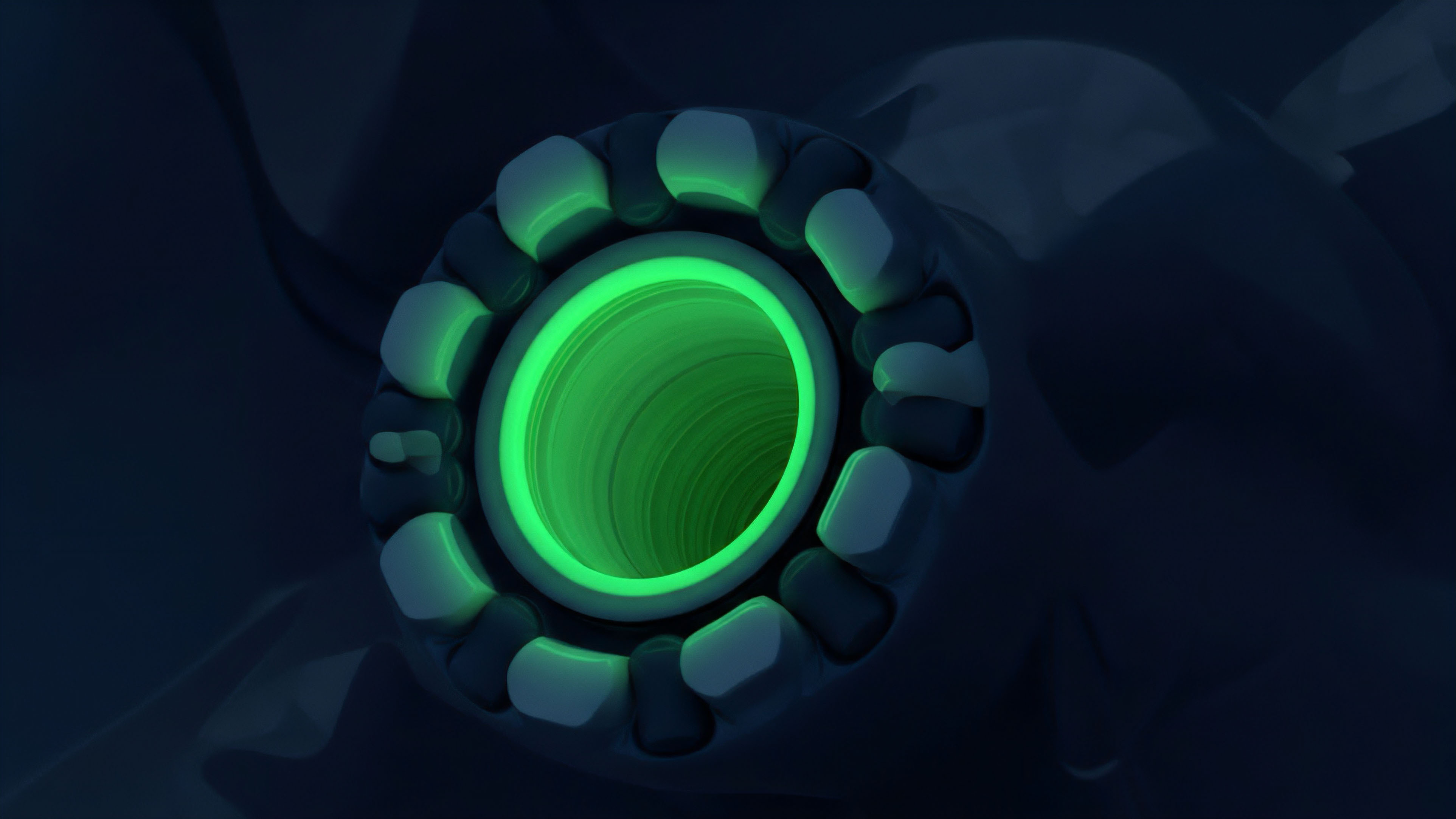 A dark background frames a circular structure with glowing green segments surrounding a vortex. This visual metaphor represents a decentralized exchange's automated market maker liquidity pool. The central green tunnel symbolizes a high frequency trading algorithm's data stream, channeling transaction processing. The glowing segments act as blockchain validation nodes, confirming efficient network throughput for smart contracts governing tokenized derivatives and other financial derivatives. This illustrates the dynamic flow of capital and data within a permissionless ecosystem.