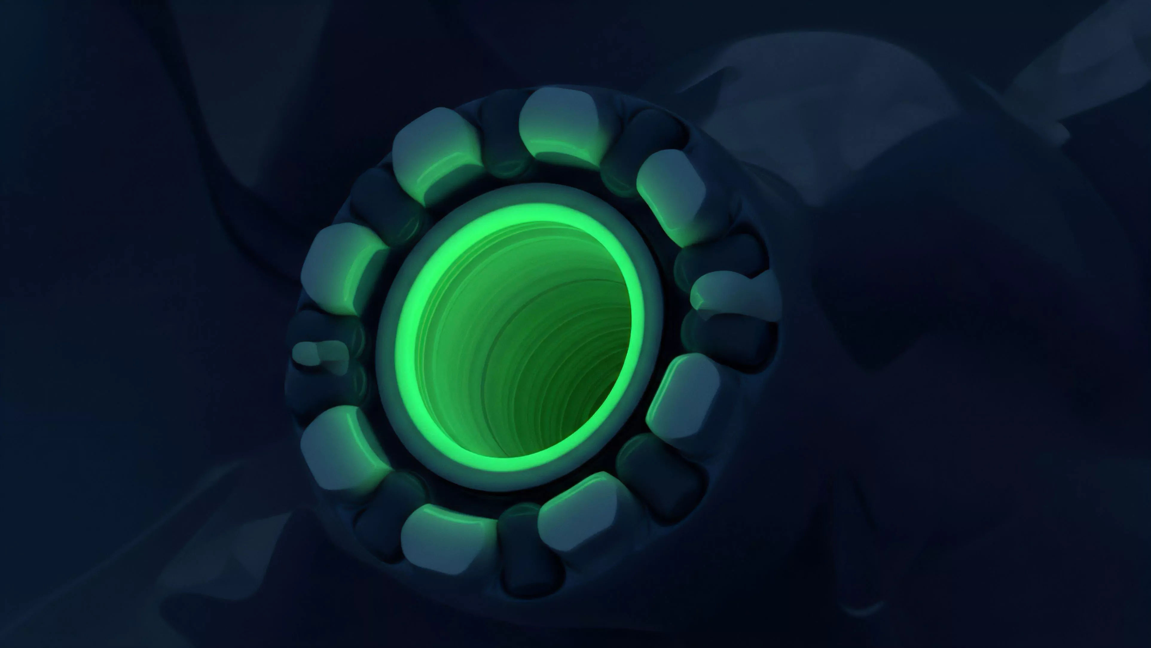 A dark background frames a circular structure with glowing green segments surrounding a vortex. This visual metaphor represents a decentralized exchange's automated market maker liquidity pool. The central green tunnel symbolizes a high frequency trading algorithm's data stream, channeling transaction processing. The glowing segments act as blockchain validation nodes, confirming efficient network throughput for smart contracts governing tokenized derivatives and other financial derivatives. This illustrates the dynamic flow of capital and data within a permissionless ecosystem.