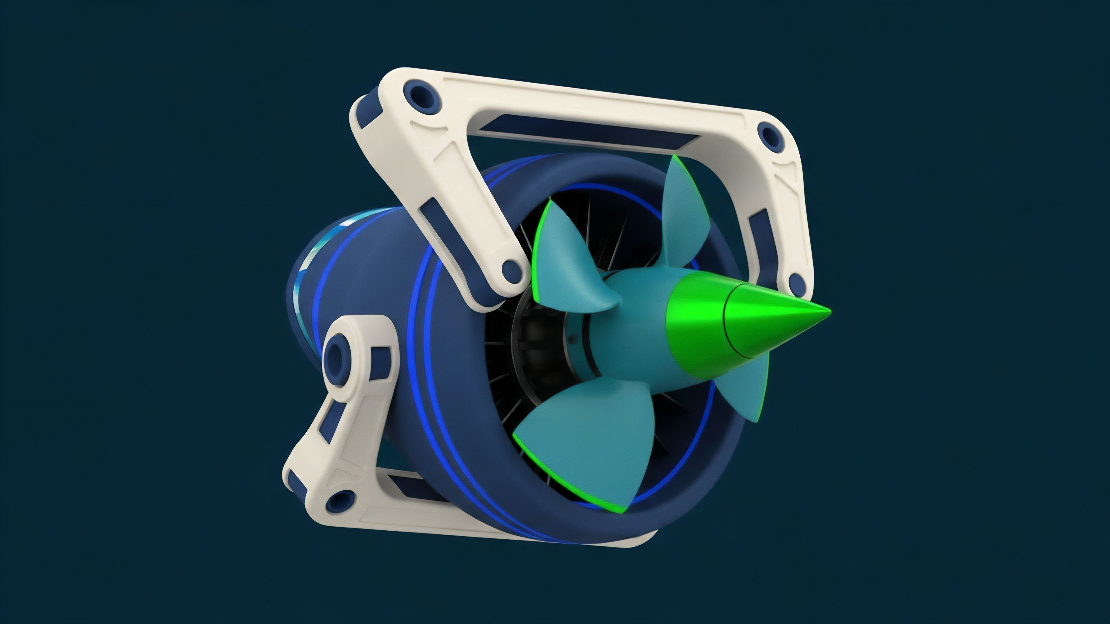 A futuristic propulsion engine features light blue fan blades with neon green accents, set within a dark blue casing and supported by a white external frame. This mechanism represents the high-speed processing core of an advanced algorithmic trading system in a DeFi derivatives market. The design visualizes rapid data processing for executing options contracts and perpetual futures, ensuring deep liquidity within decentralized exchanges. The engine symbolizes the efficiency required for robust yield generation protocols, mitigating high volatility and supporting the complex tokenomics of a decentralized autonomous organization DAO.