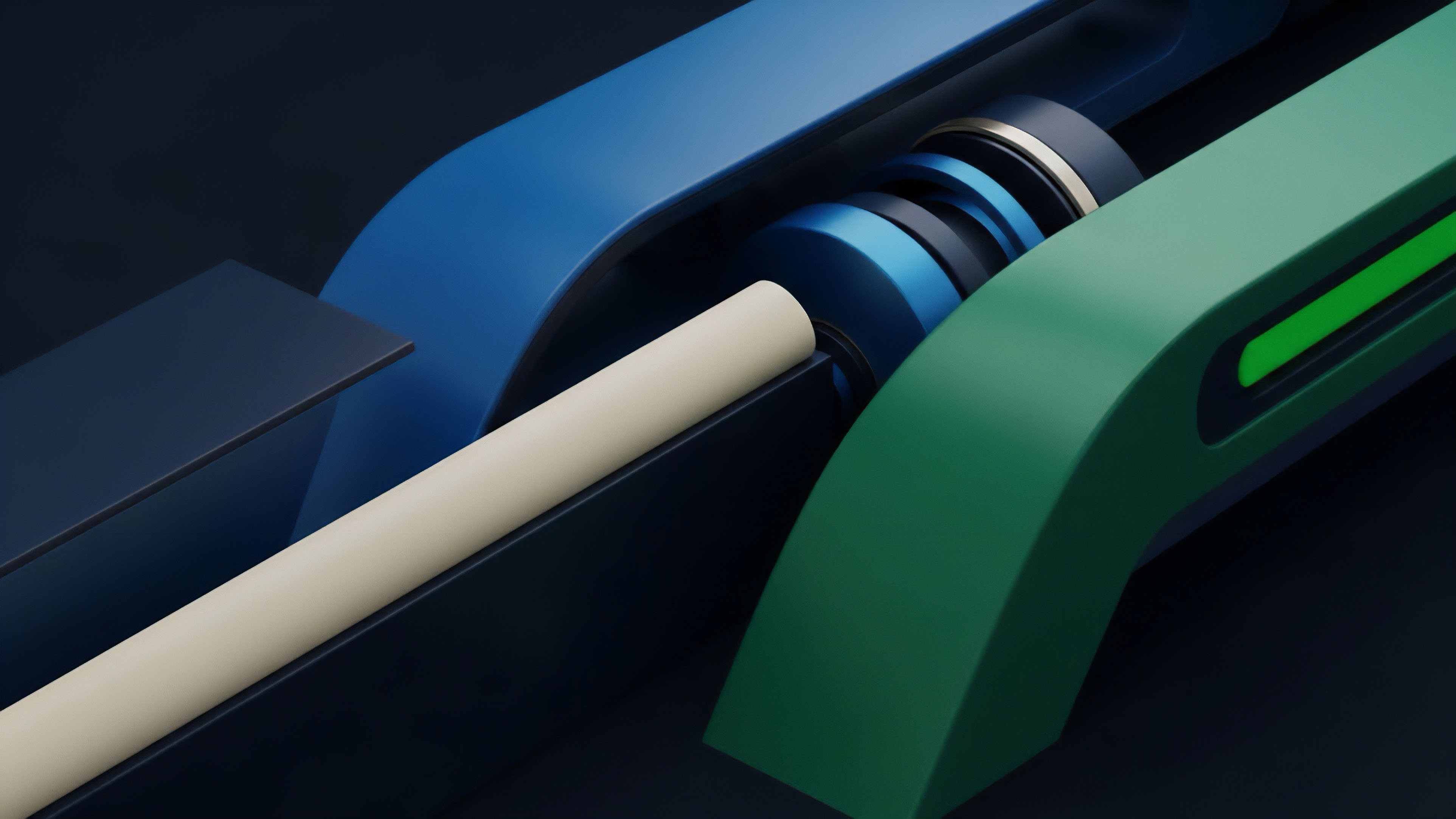 This abstract 3D rendering features a central beige rod passing through a complex assembly of dark blue, black, and gold rings. The assembly is framed by large, smooth, and curving structures in bright blue and green, suggesting a high-tech or industrial mechanism