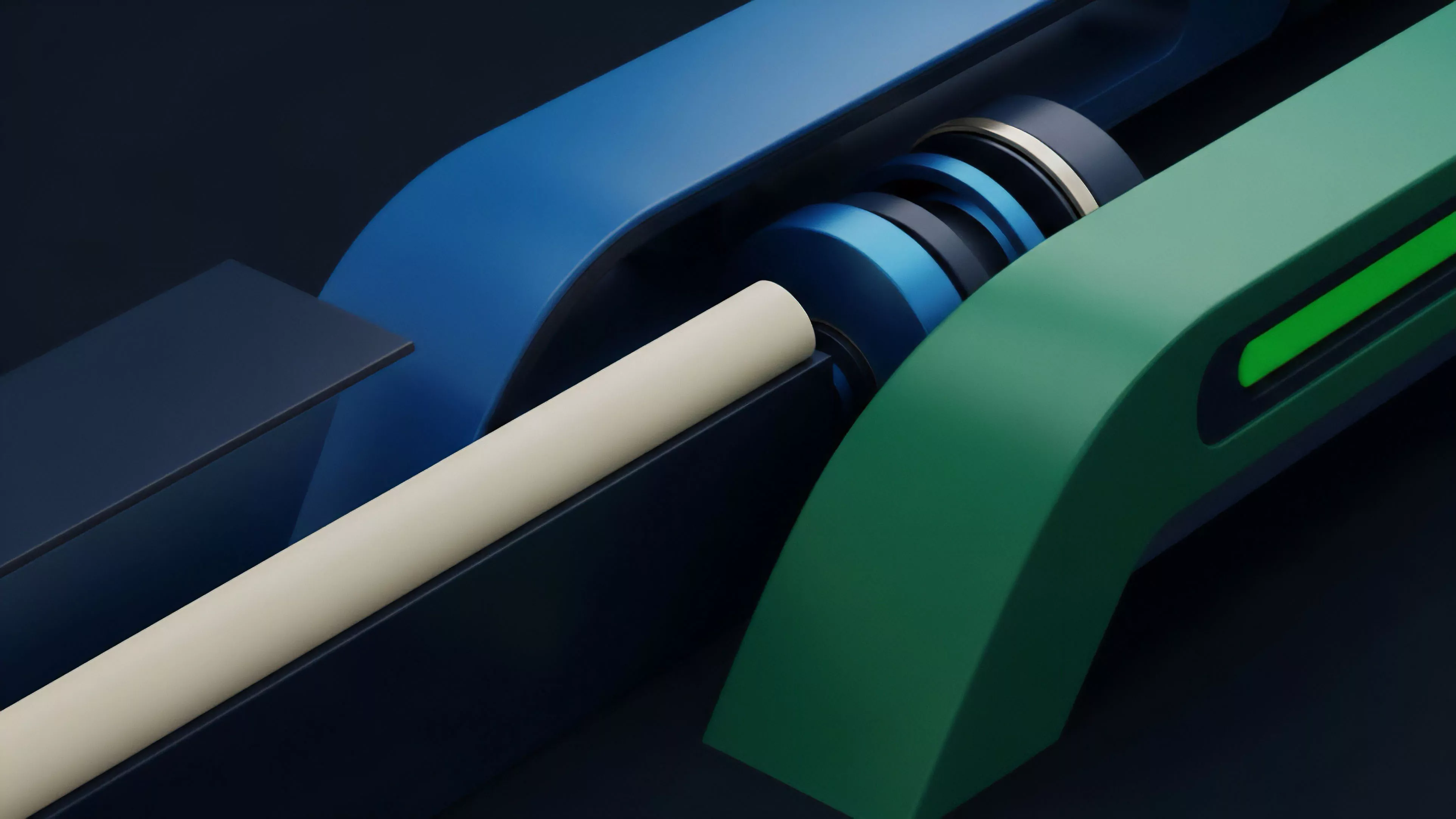 This abstract 3D rendering features a central beige rod passing through a complex assembly of dark blue, black, and gold rings. The assembly is framed by large, smooth, and curving structures in bright blue and green, suggesting a high-tech or industrial mechanism